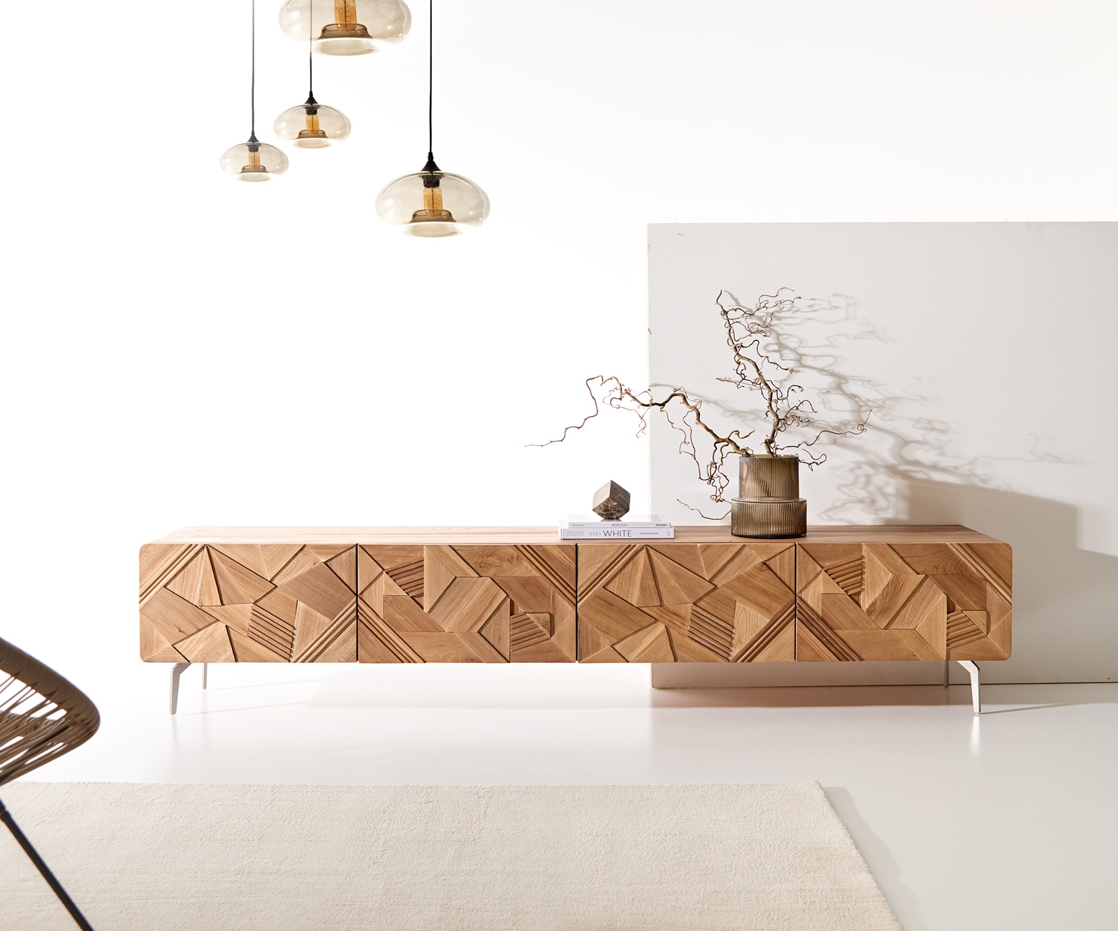 Tv-meubel Eldoria 220 cm natuur iep 3D effect 2 deuren 2 laden hoekonderstel rvs Tv-meubel Eldoria 220 cm natuur iep 3D effect 2 deuren 2 laden hoekonderstel rvs