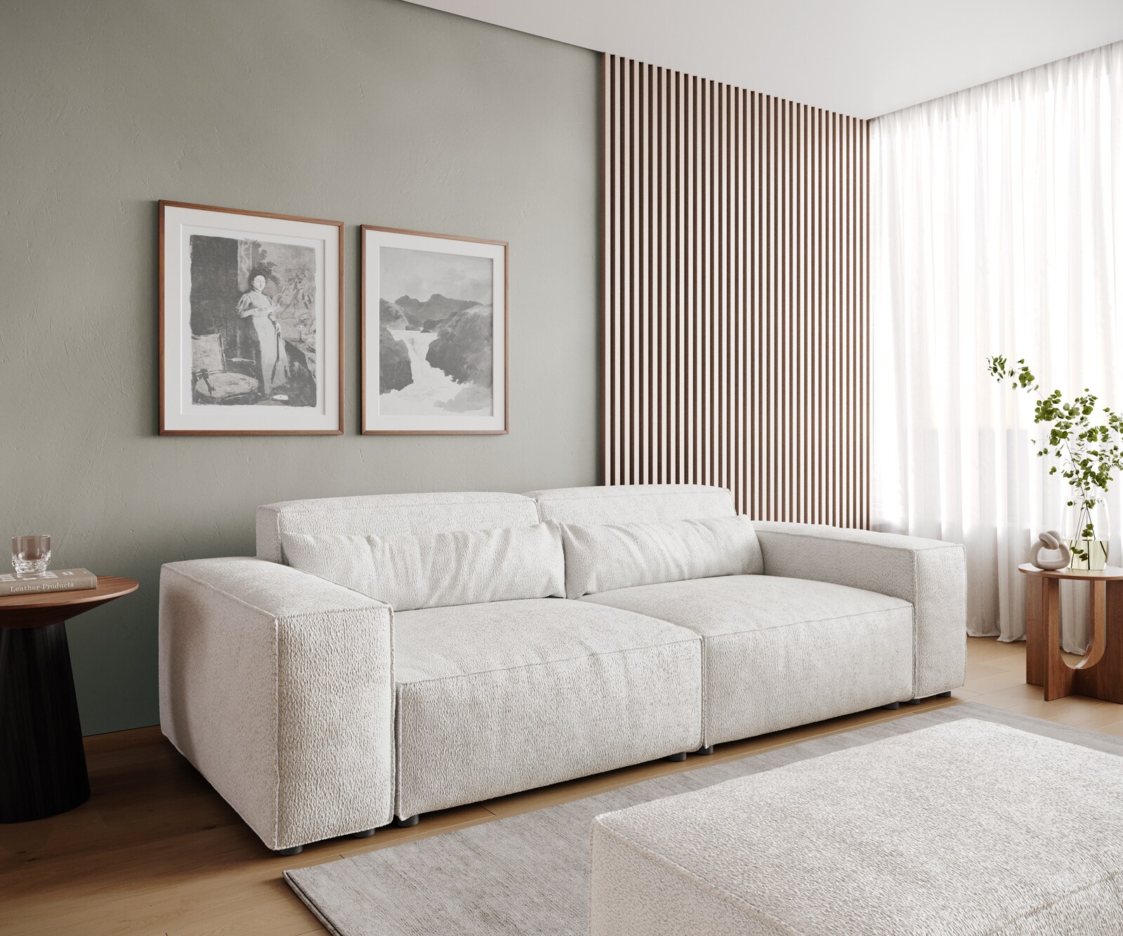 Grote bank Sirpio 230x95 cm bouclee crème-witte met kruk