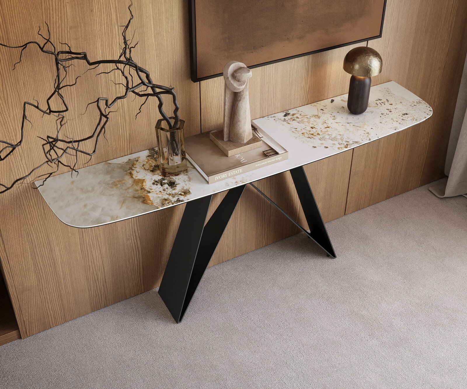 Consoletafel Edge Bootvorm 180x40 cm Keramiek Minas Melange Weiß-Beige Velio Metaal Zwart 2