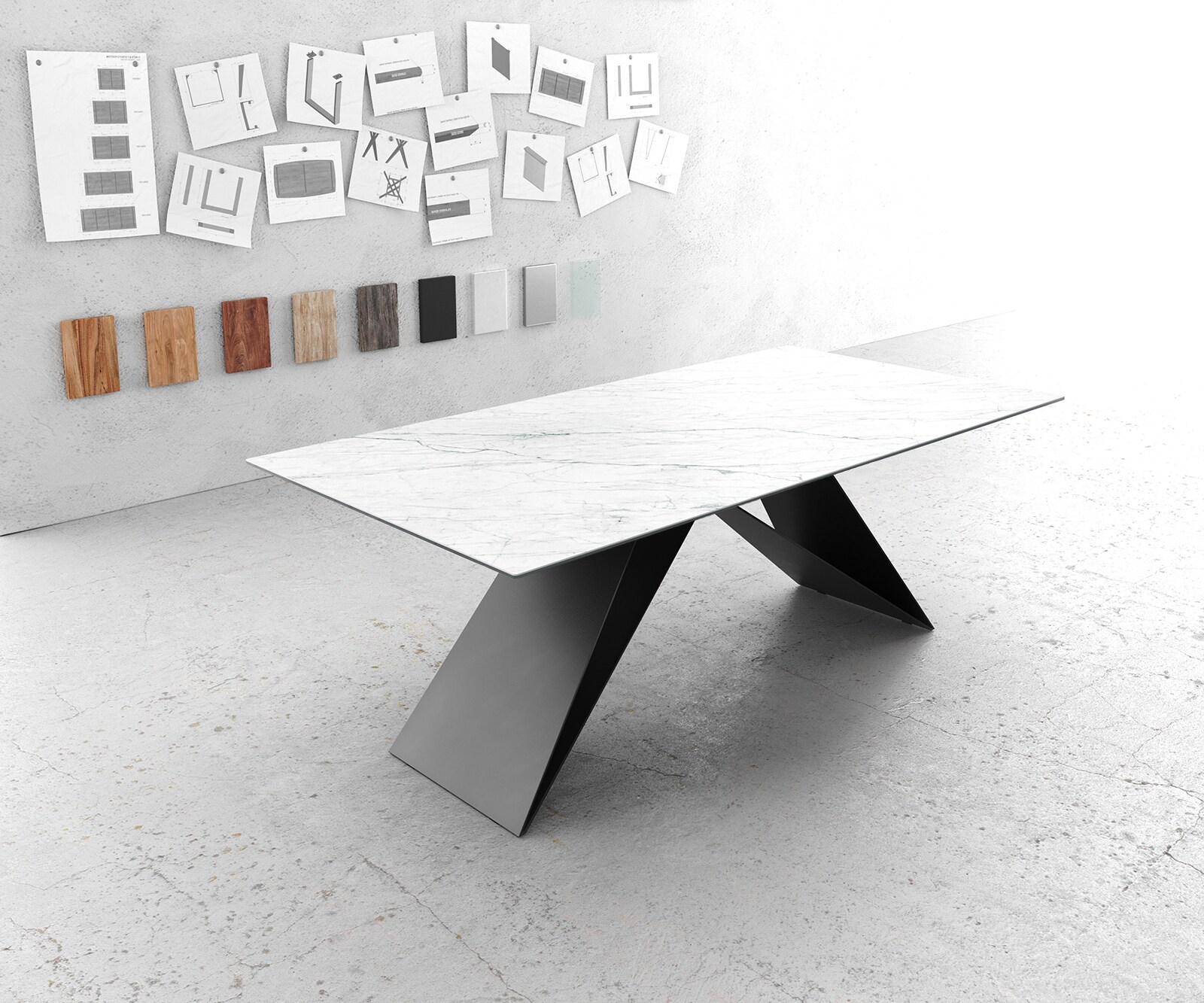 Eettafel Edge 200x100cm Laminam® keramiek wit V-middenpoot zwart