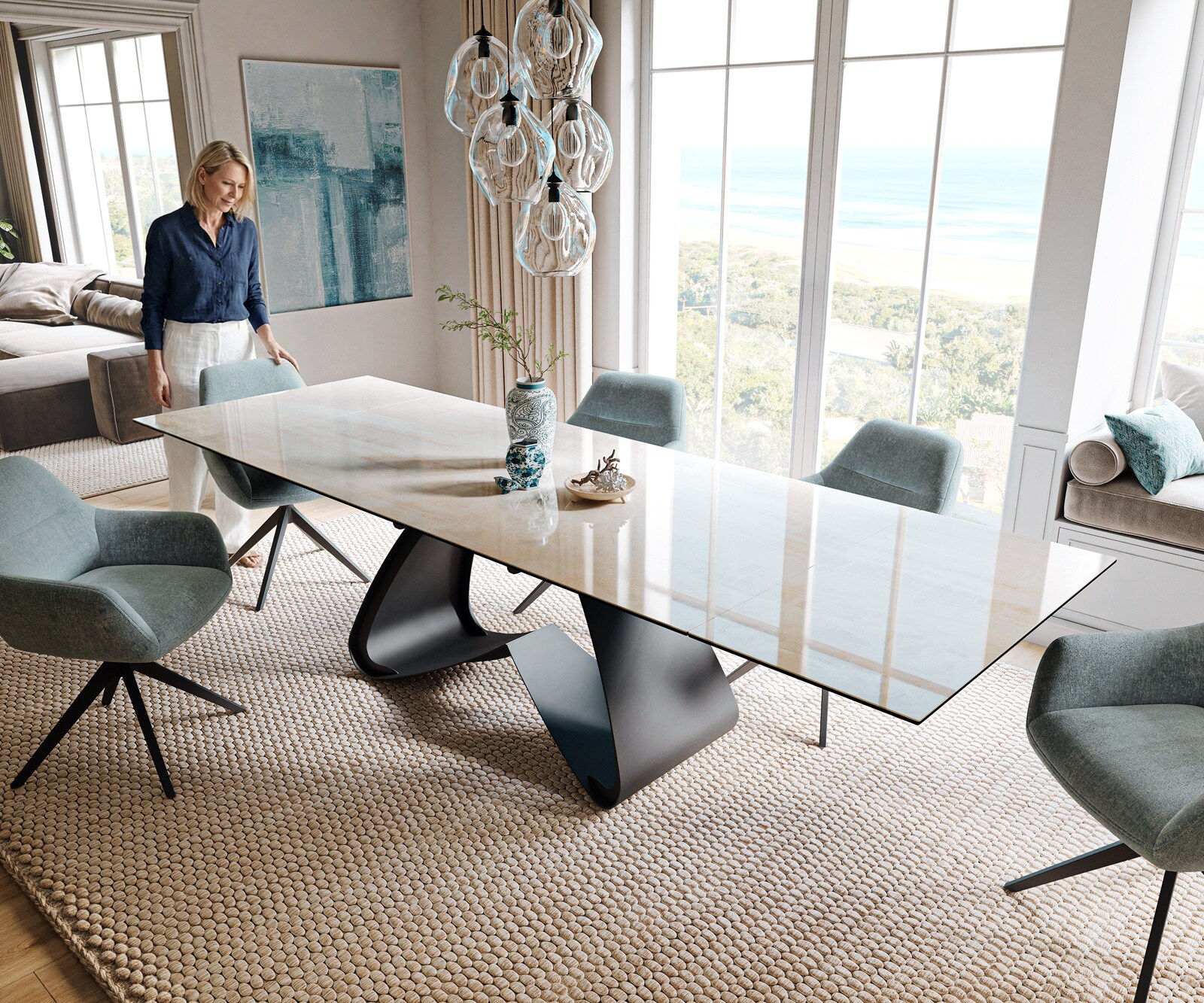 Eettafel Edge 200-300x100 cm keramiek Onyx Champagne W-onderstel metaal zwart uittrekbaar 1