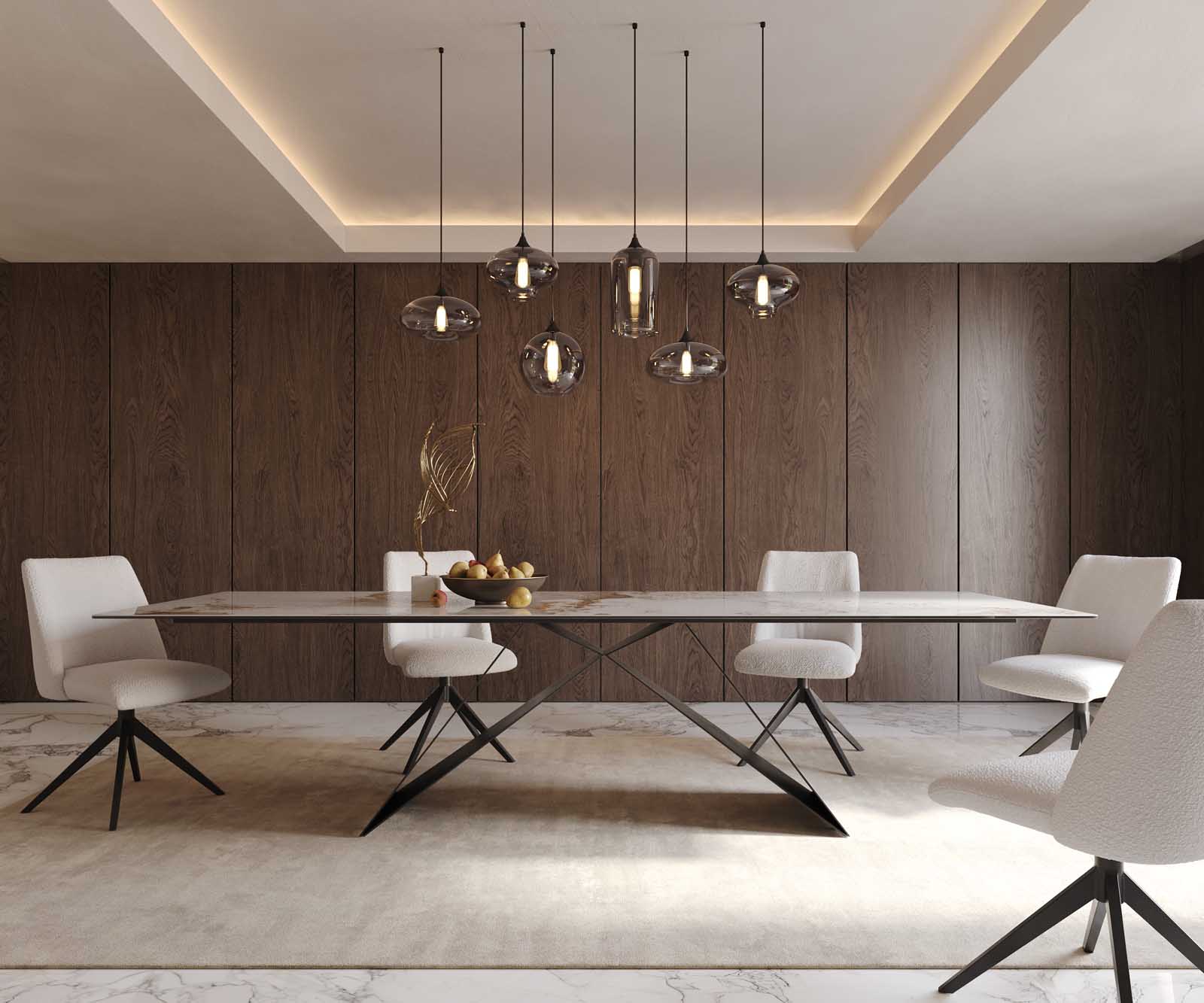 Eetkamertafel Edge 300x100 keramiek Minas Melange wit-beige V-frame vlak staal zwart 2
