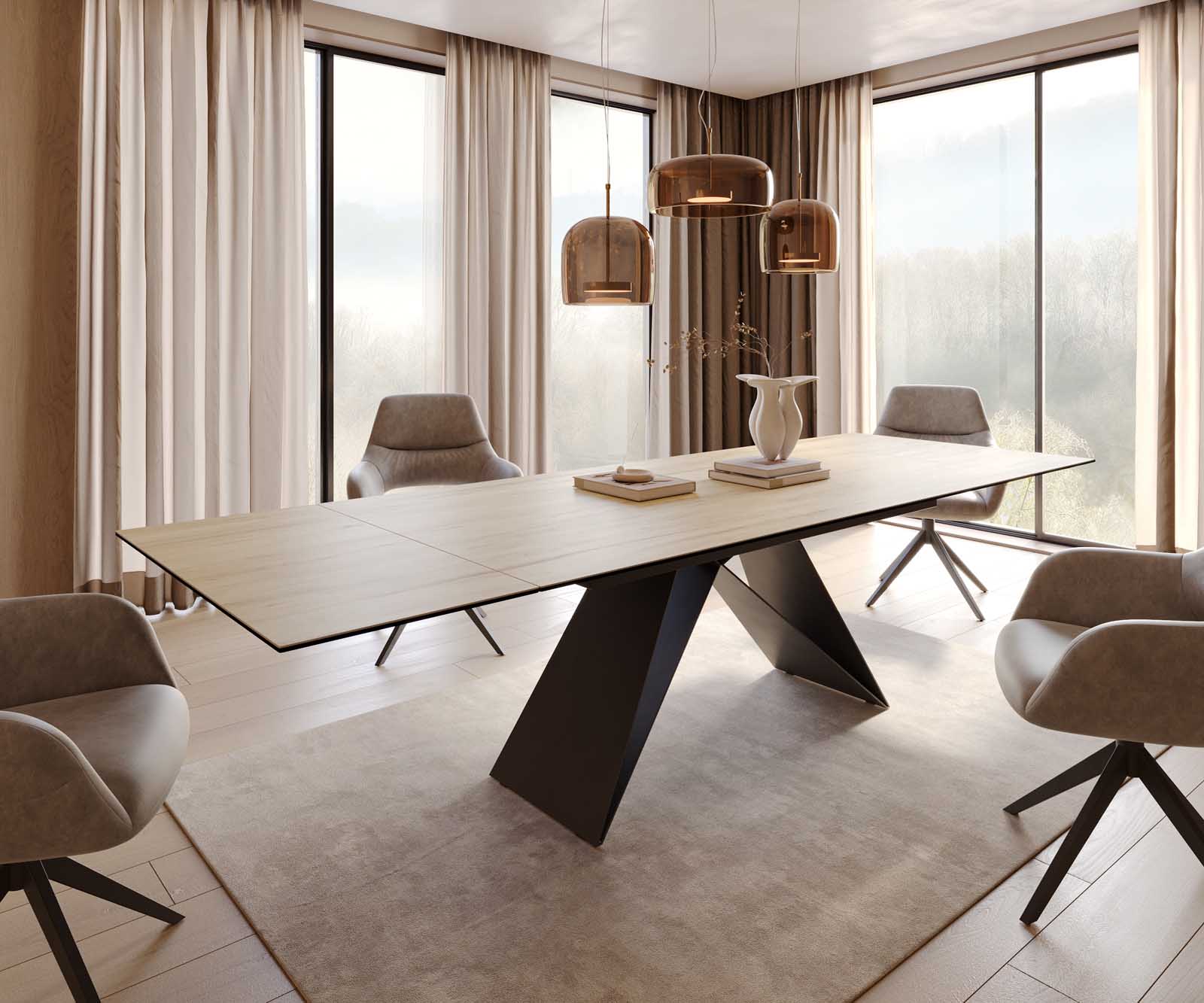 Eetkamertafel Edge 200-300x100 keramiek Laminam® Sabbia eiken kleur V-frame vlak staal zwart uitschuifbaar