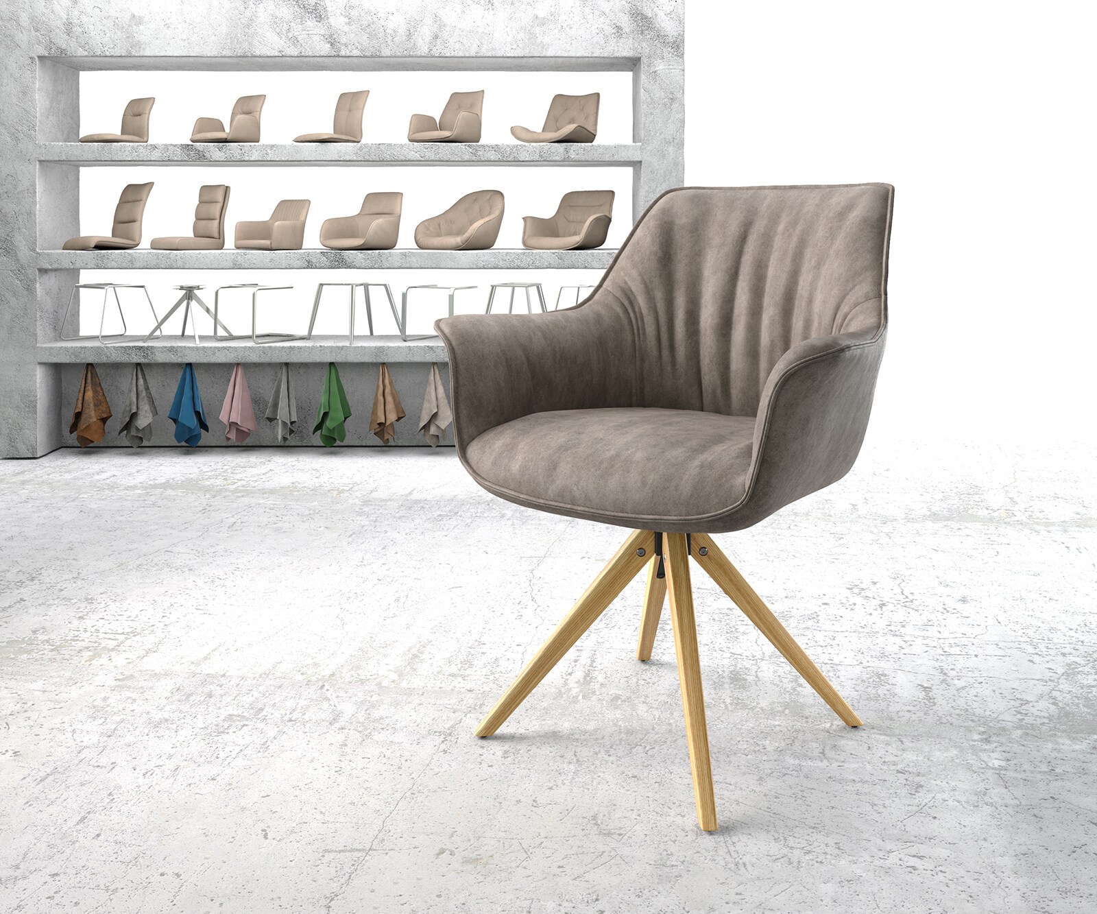 Eetkamerstoel Keila-Flex met armleuning microvelours taupe vintage houten frame hoekig natuur