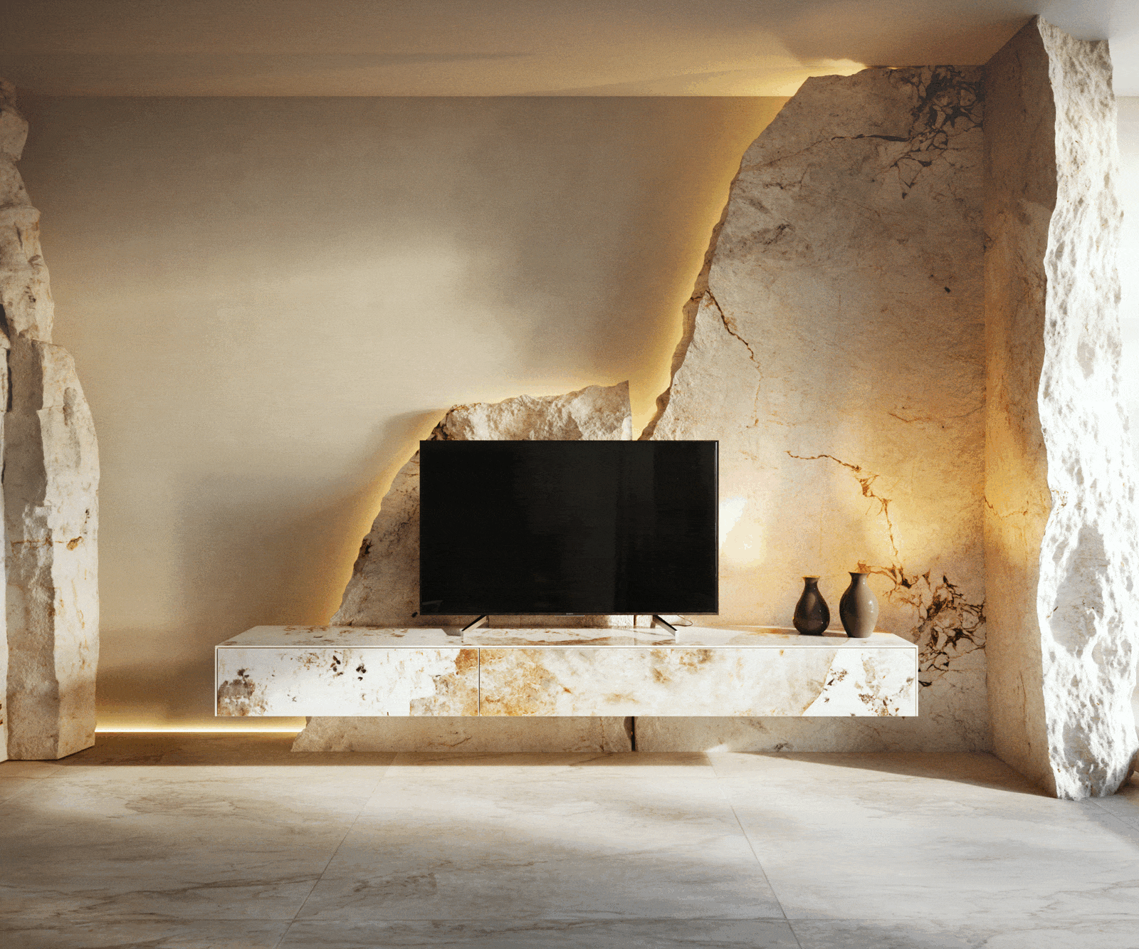 Tv-meubel Cuor 200 cm Keramiek Minas Melange Wit-beige 1 Flap 1 Lade Zwevend 6