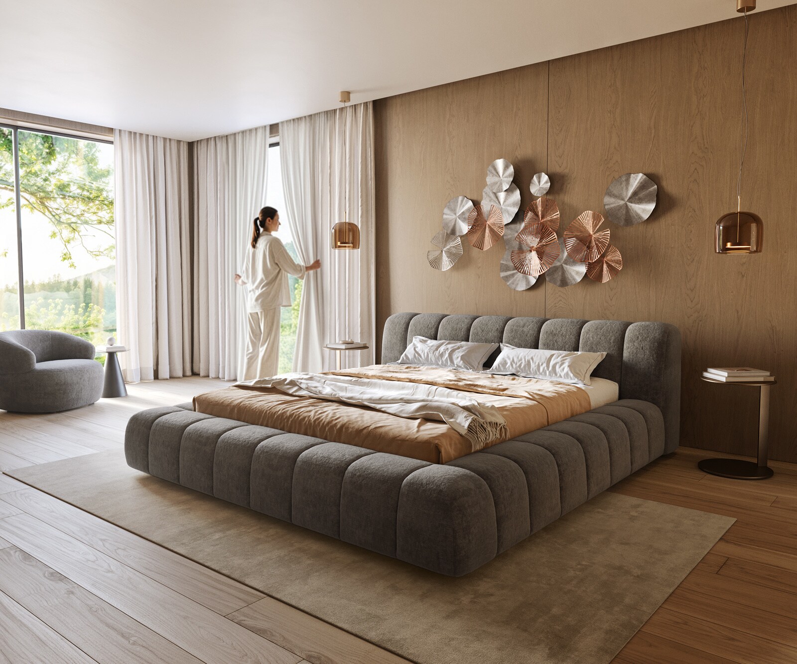 Gestoffeerd bedframe Cutio 180x200 cm bouclé Soft Mud