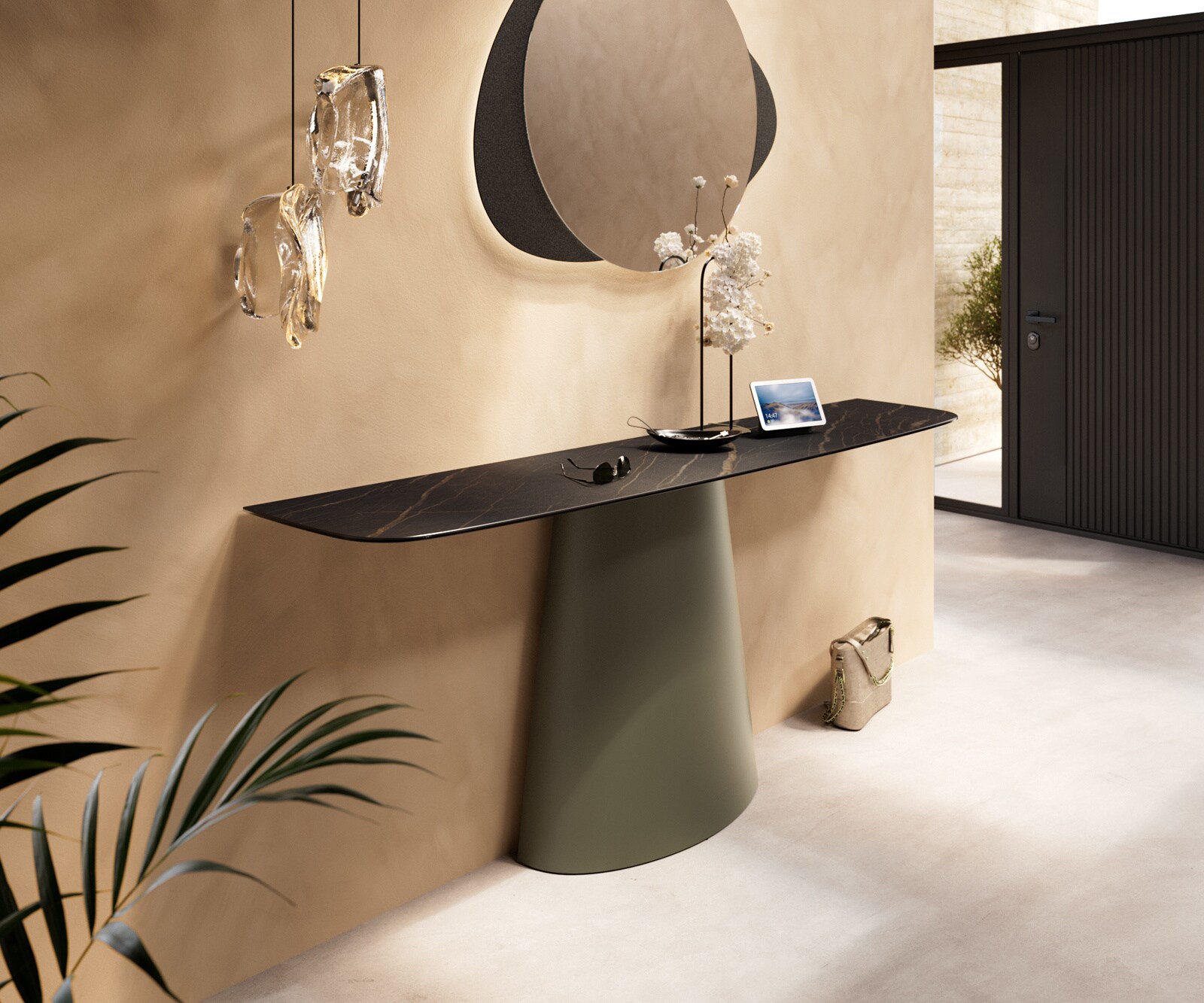 Consoletafel Edge Bootvorm 180x40 cm Keramiek Laminam® Noir Desir Braun Conos Metaal Effektfinish Titan 1