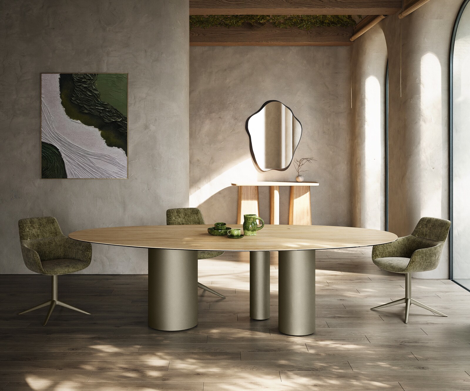 Eetkamertafel Edge ovaal 280x130 keramiek Laminam® Sabbia eiken kleur Troa metaal effectafwerking titaan 2