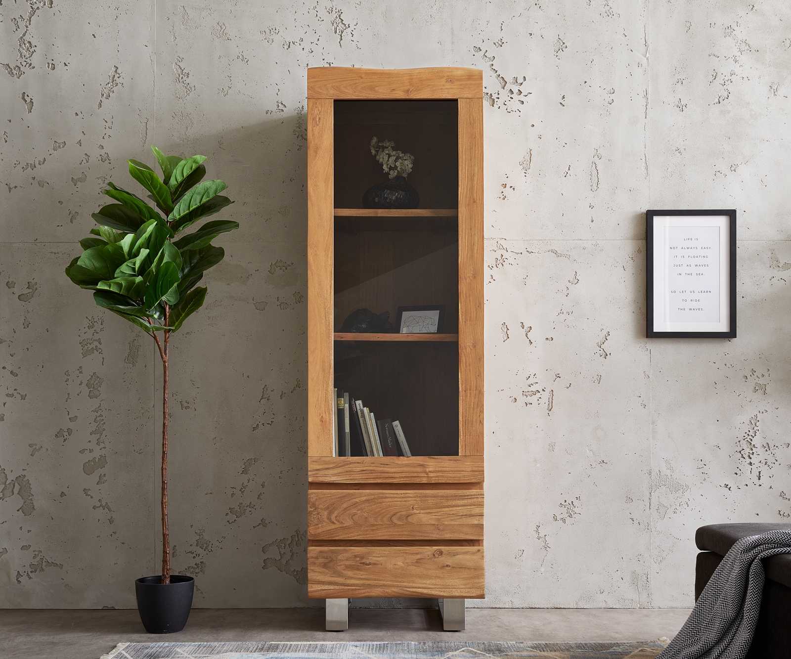 Vitrinekast Live-Edge 60x190 cm acacia natuur boomrand 1 deur 2 laden massief 1 Vitrinekast Live-Edge 60x190 cm acacia natuur boomrand 1 deur 2 laden massief 1