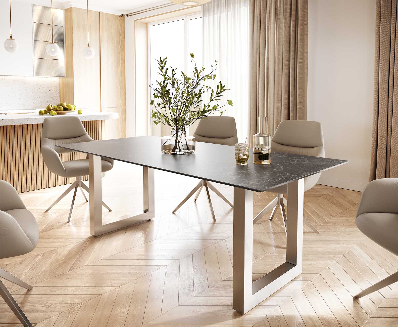Eettafel Edge 200x100 keramiek Laminam® Nero Greco grijs roestvrij staal breed