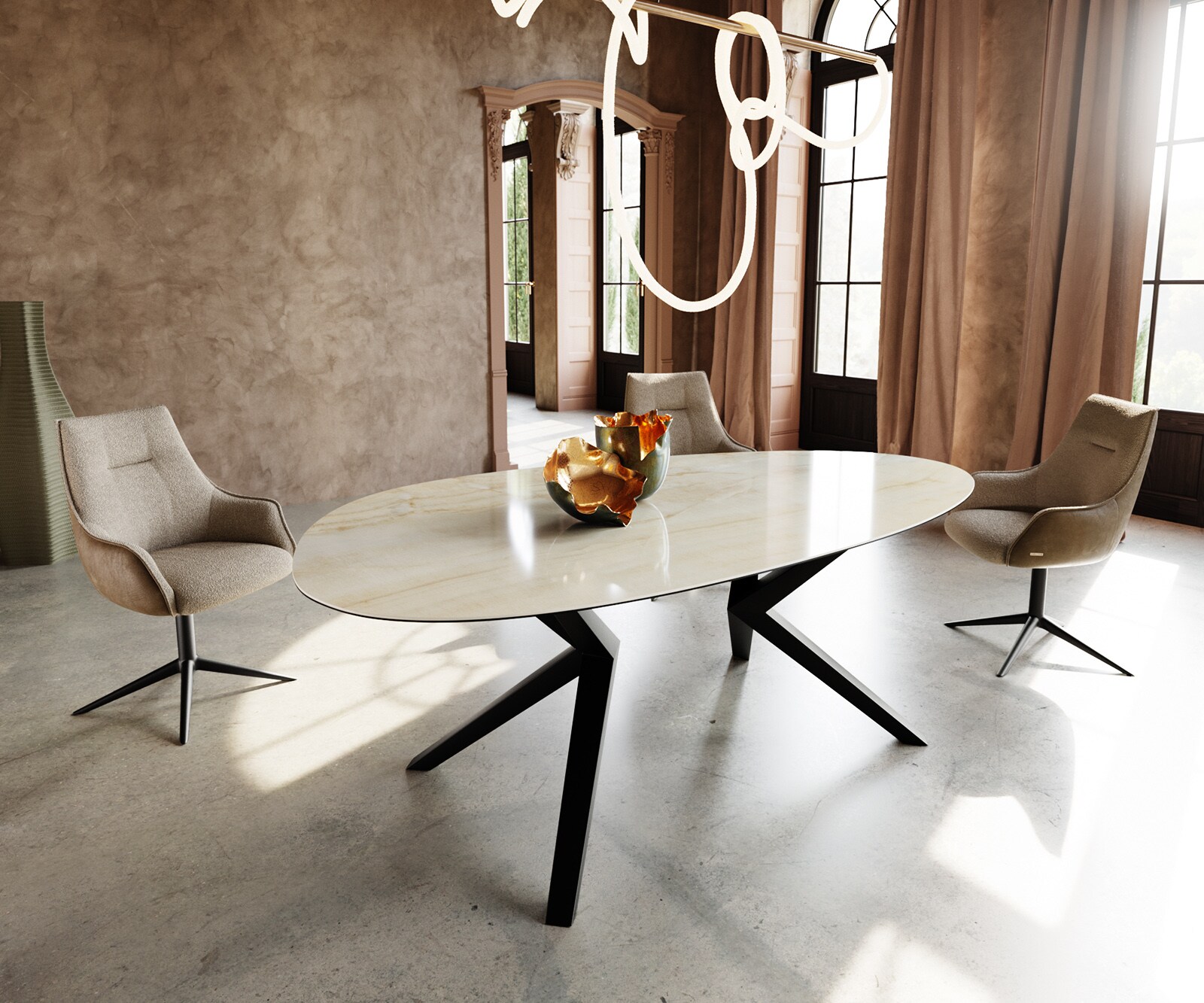 Eetkamertafel Edge ovaal 220x120 keramiek Iris FMG Onice Oro Zenthara hoekig metaal zwart