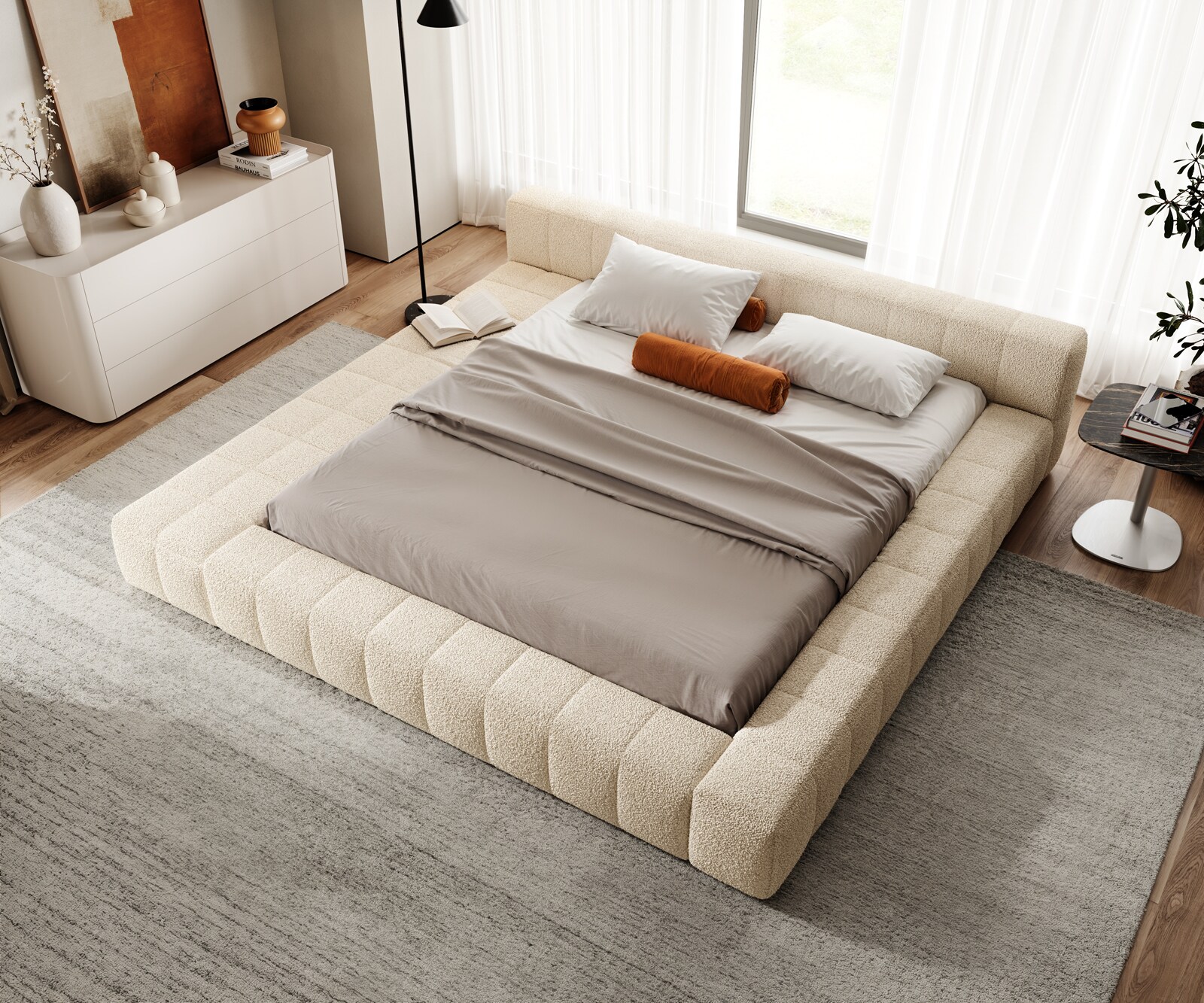 Gestoffeerd bedframe Espazio 180x200 cm Teddystof Beige 1