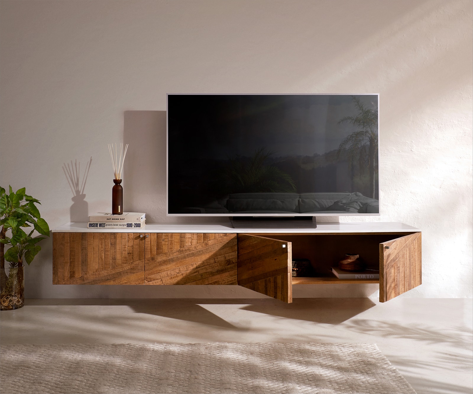 Tv-meubel Bahan 200 cm mango teak 4 deuren marmer top wit zwevend 4