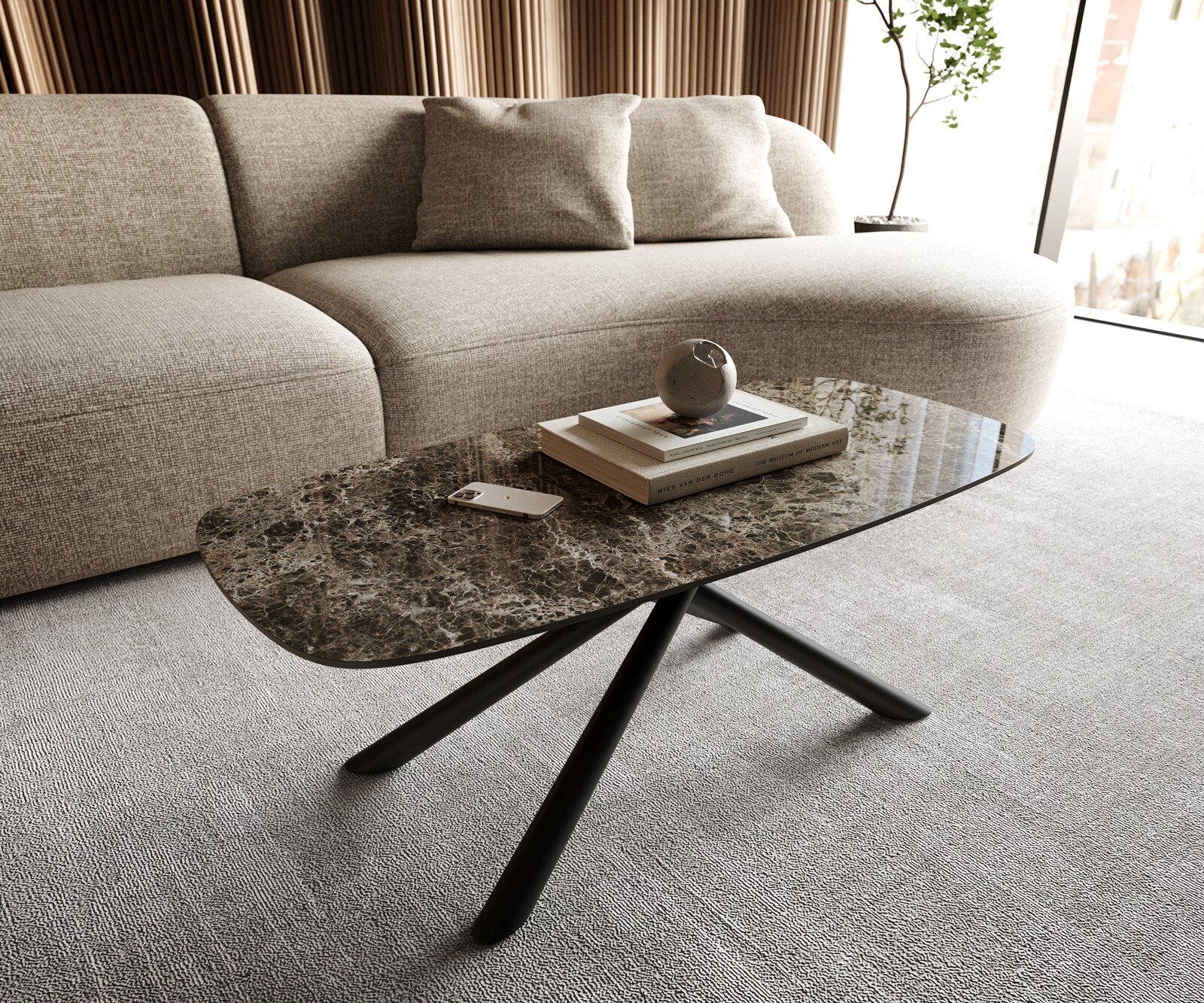 Salontafel Edge bootvorm 100x50 cm keramiek Emperador Extra Lucidato donkerbruin Sarity metaal zwart