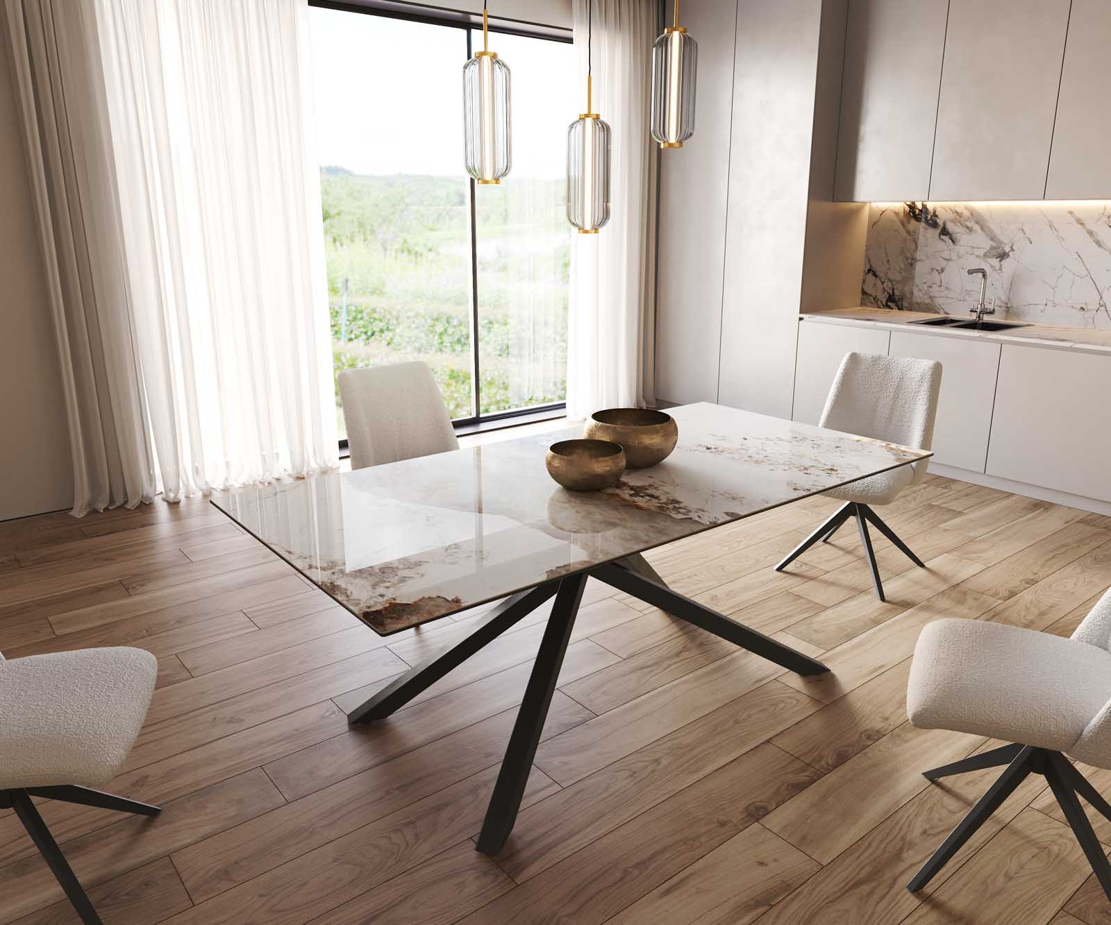 Eetkamertafel Edge 200x100 keramiek Minas Melange wit-beige kruisframe rechthoek zwart 1