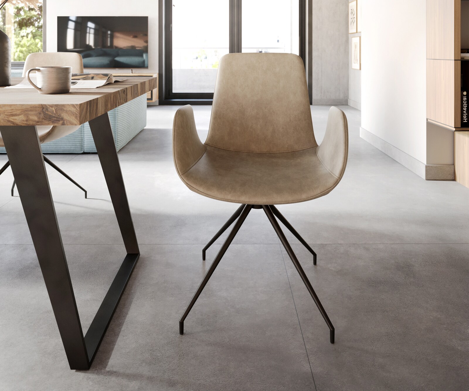 Eetkamerstoel Ilia-Flex met armleuning microvelours beige vintage kruisframe conisch zwart 1 Eetkamerstoel Ilia-Flex met armleuning microvelours beige vintage kruisframe conisch zwart 1