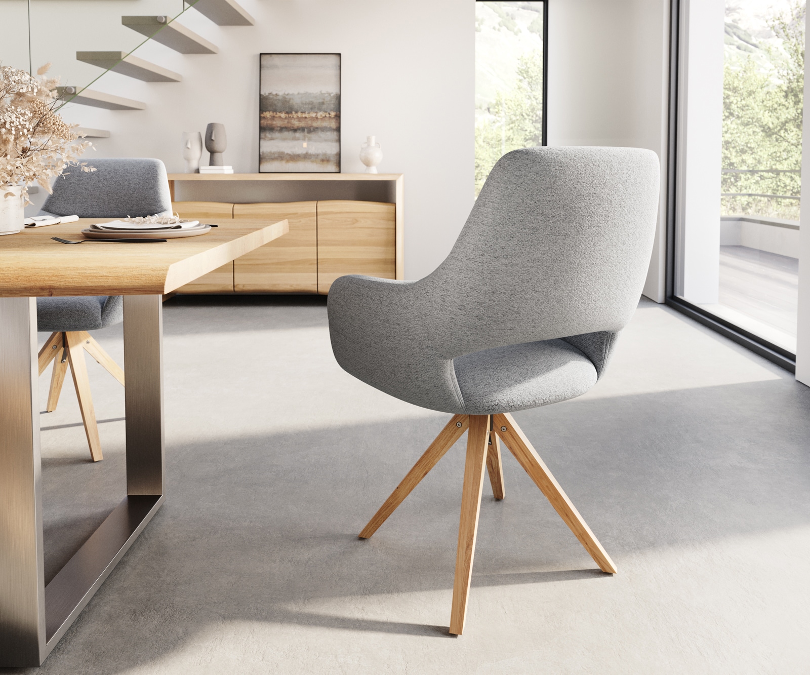 Eetkamerstoel Yago-Flex met armleuning structuurstof lichtgrijs houten frame hoekig natuur pocketveer kern 4 Eetkamerstoel Yago-Flex met armleuning structuurstof lichtgrijs houten frame hoekig natuur pocketveer kern 4