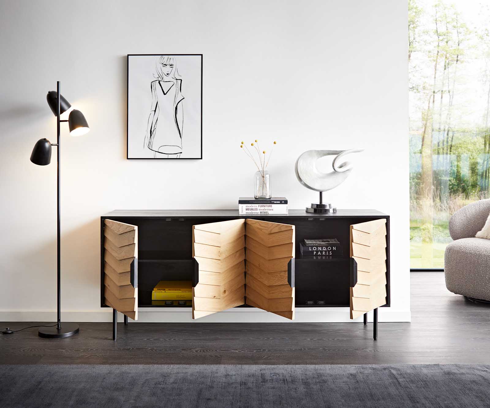 Dressoir Muvi 175 cm natuur eiken mango zwart metaal zwart 4 deuren 3