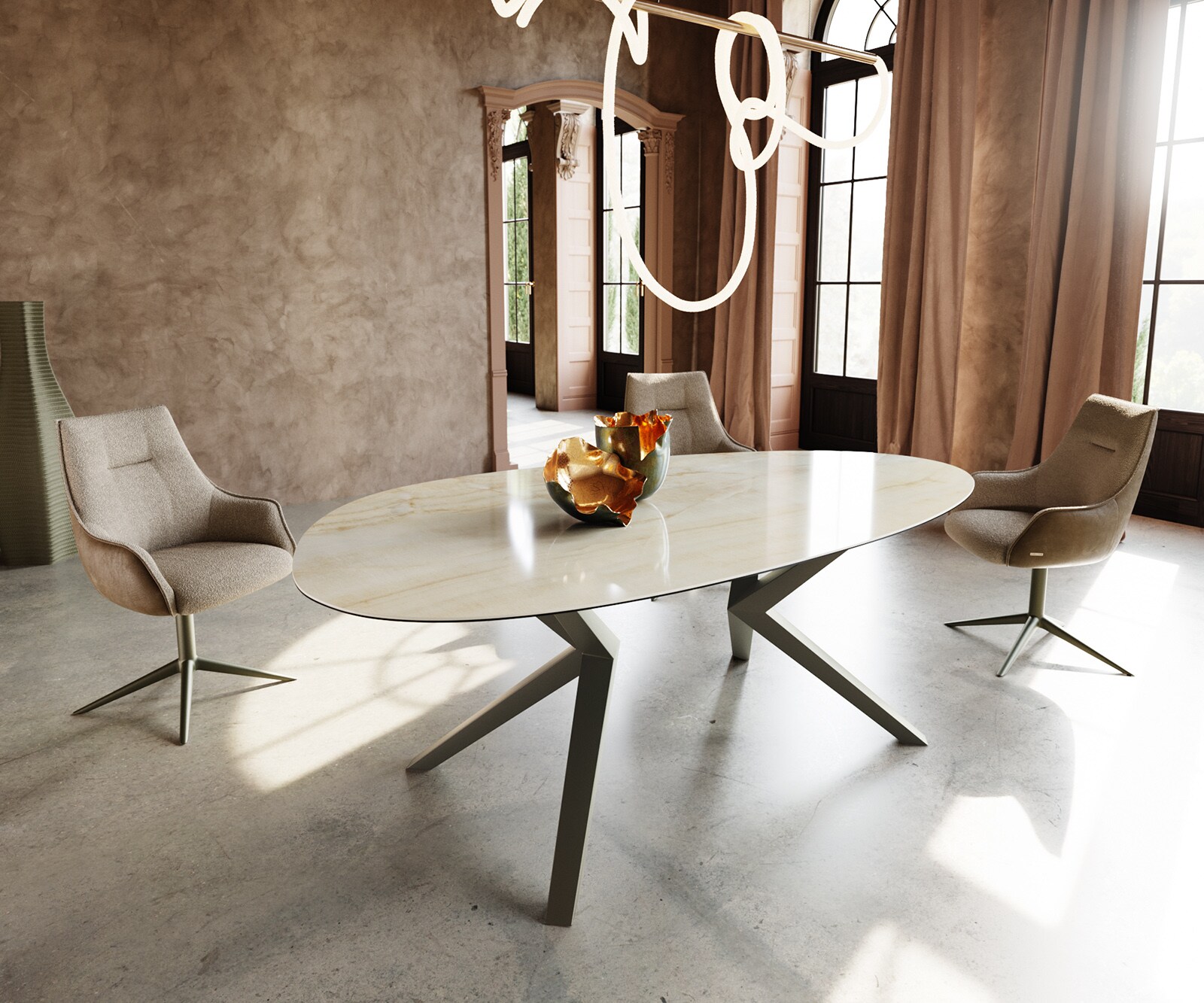 Eetkamertafel Edge ovaal 220x120 keramiek Iris FMG Onice Oro Zenthara hoekig metaal effectafwerking titaan