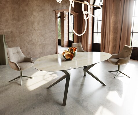 Eetkamertafel Edge ovaal 220x120 keramiek Iris FMG Onice Oro Zenthara hoekig metaal effectafwerking titaan