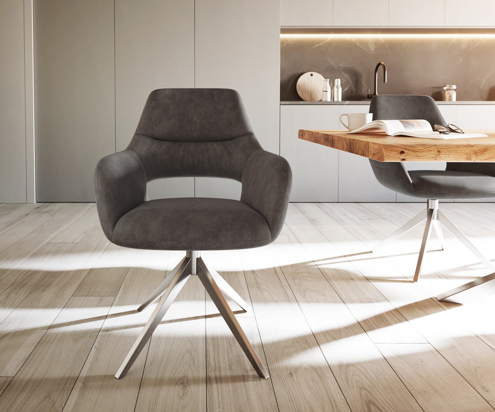 Eetkamerstoel Yago-Flex met armleuning microvelours antraciet vintage kruisframe breed roestvrij staal pocketveer kern 1 Eetkamerstoel Yago-Flex met armleuning microvelours antraciet vintage kruisframe breed roestvrij staal pocketveer kern 1