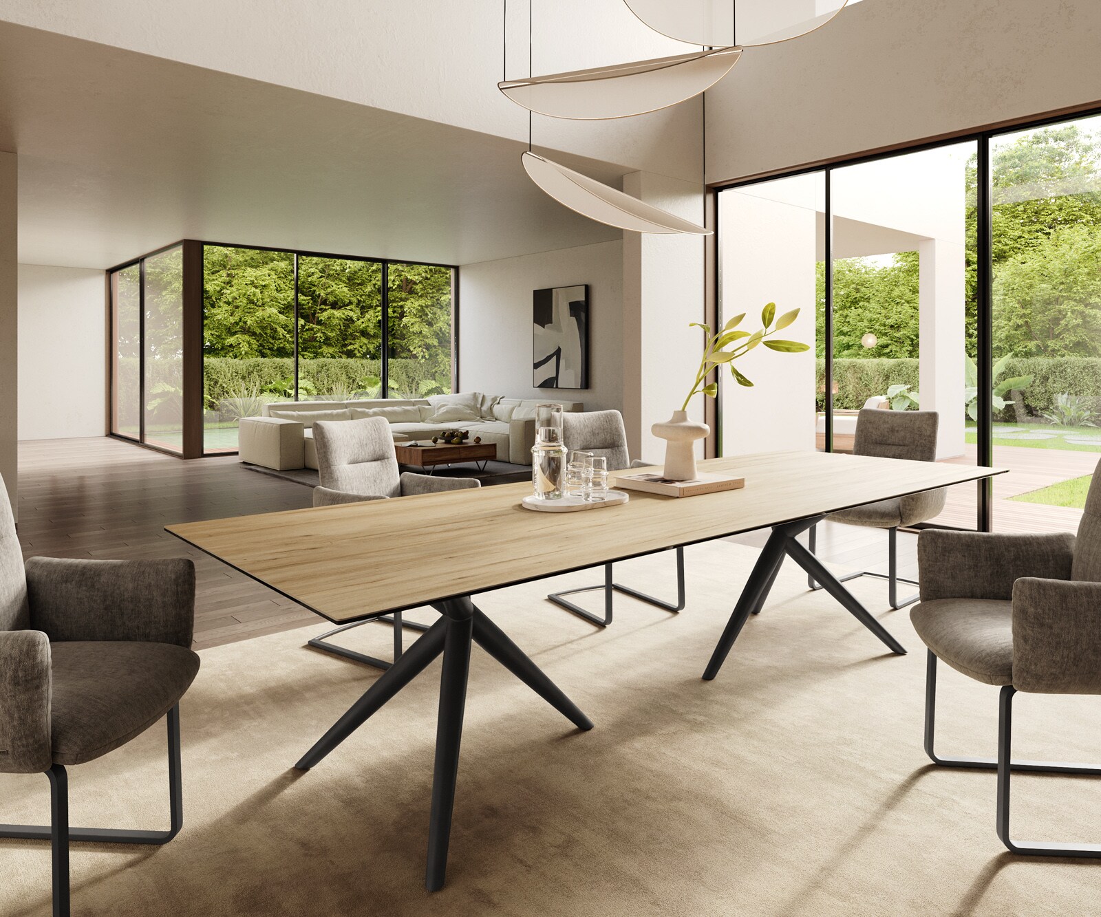 Eetkamertafel Edge 300x100 keramiek Laminam® Sabbia eiken kleur Estelar rond  metaal zwart