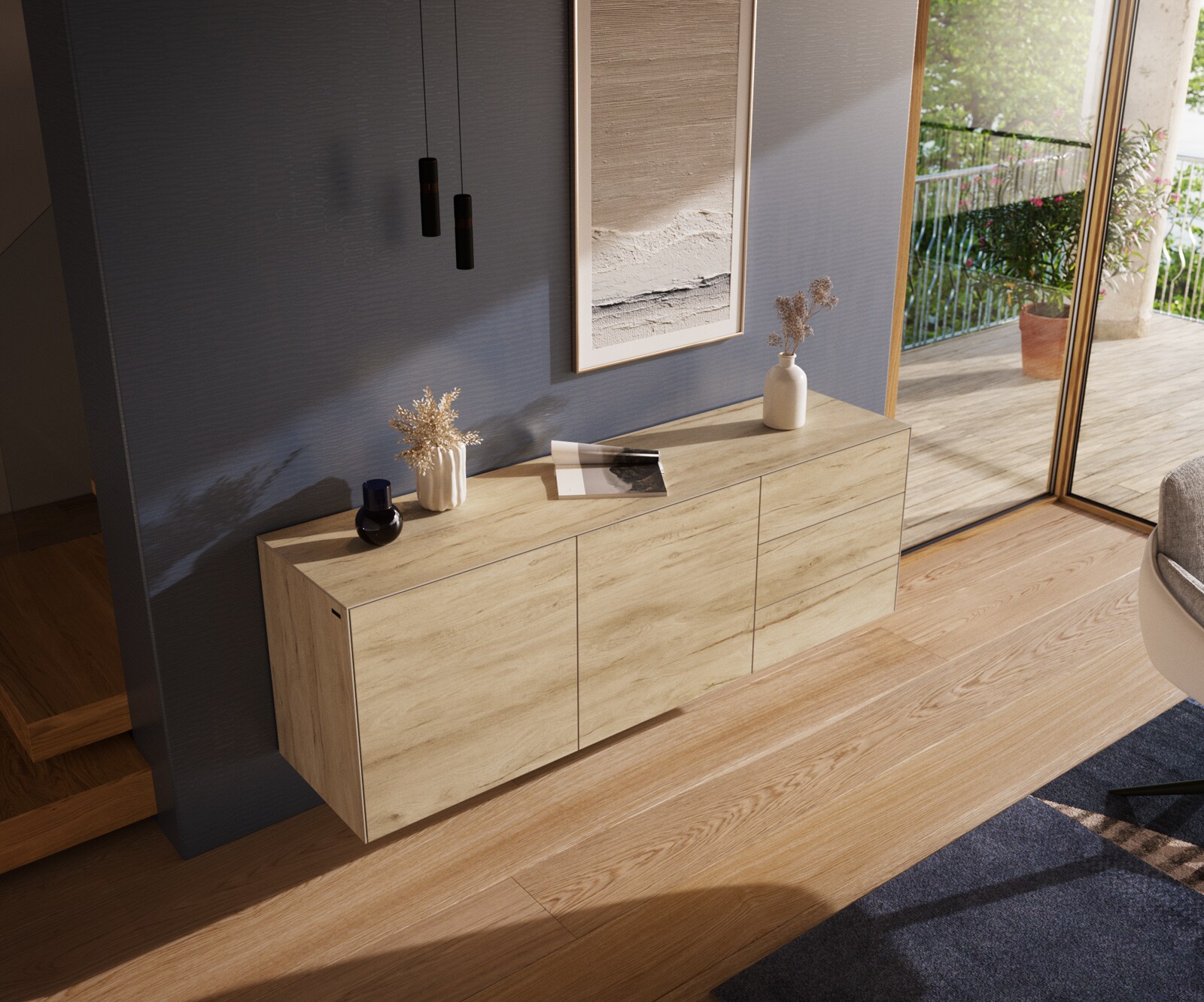 Dressoir Cuor 180 cm Keramiek Laminam® Sabbia Eiken gekleurd 2 Deuren 3 Laden Zwevend 4