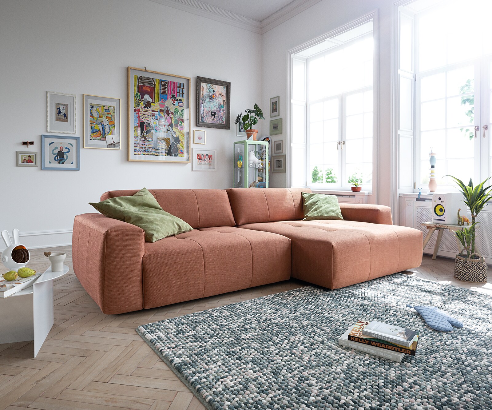 Hoekbank Lazaro 300x160 cm vlak geweven oranje ottoman rechts met zitdiepteverstelling