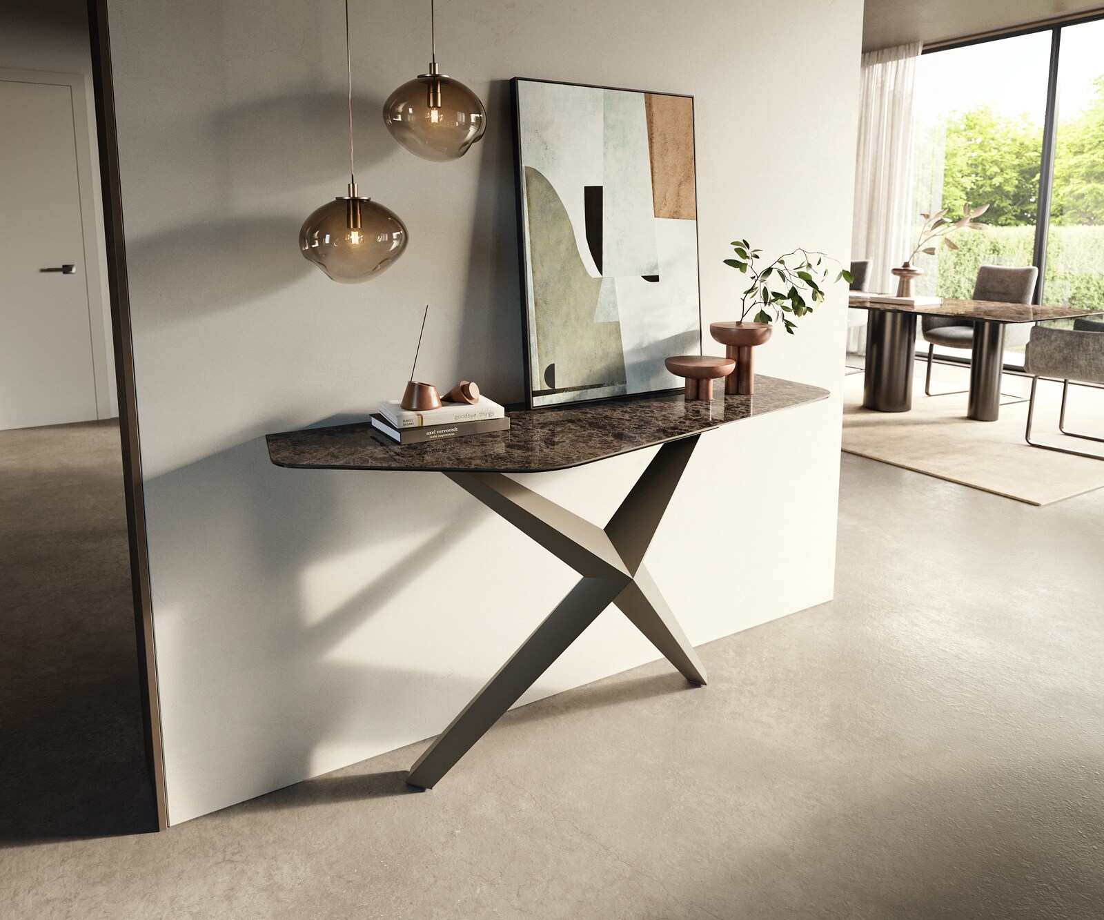 Consoletafel Edge Polygonaal 140x50 cm Keramiek Emperador Extra Lucidato Dunkelbraun Zentharo Metaal Effektfinish Titan 3