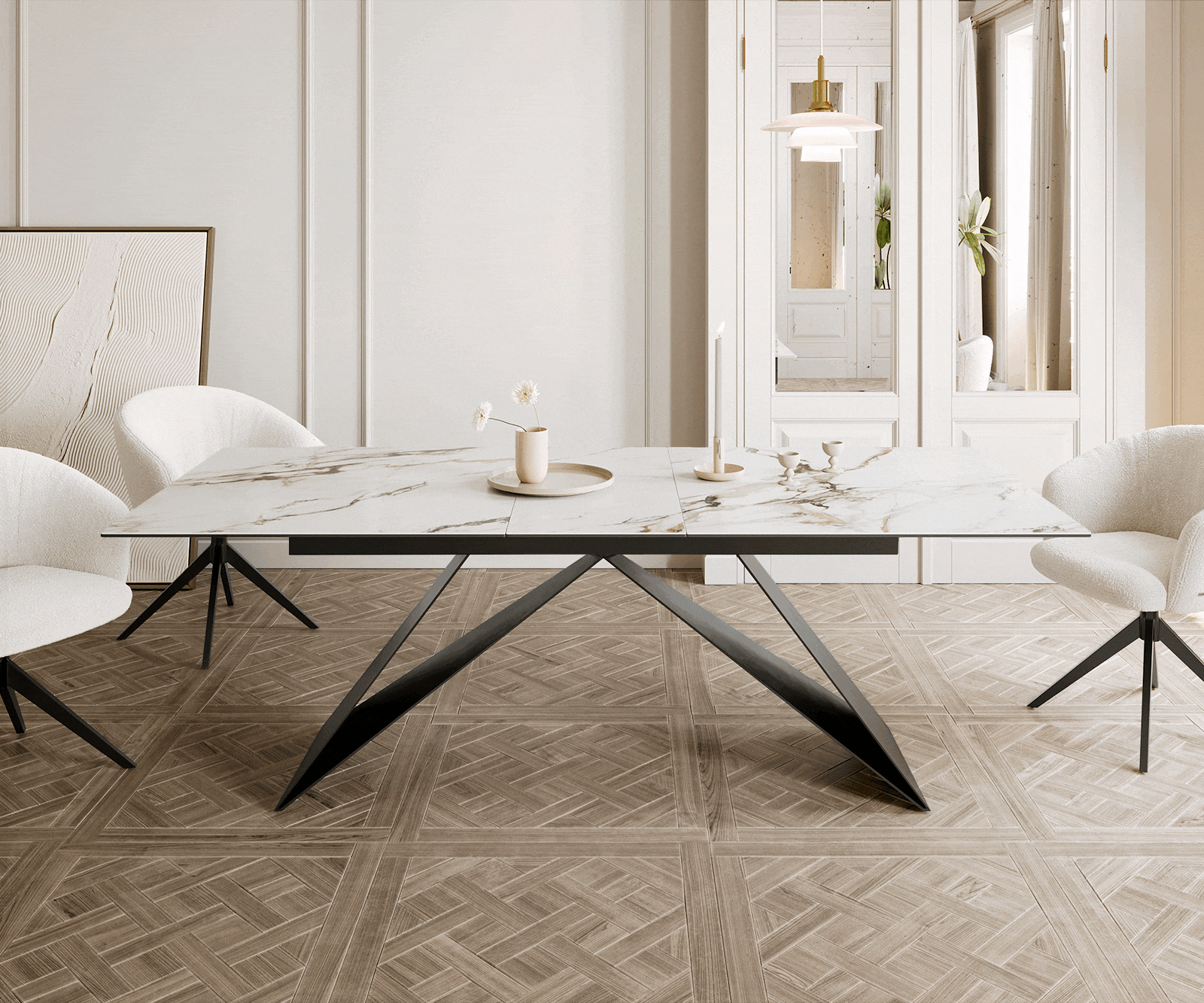 Eetkamertafel Edge 180-220x100 keramiek Calacatta Luxe wit-goud-grijs V-frame vlak staal zwart uitschuifbaar 1 Eetkamertafel Edge 180-220x100 keramiek Calacatta Luxe wit-goud-grijs V-frame vlak staal zwart uitschuifbaar 1