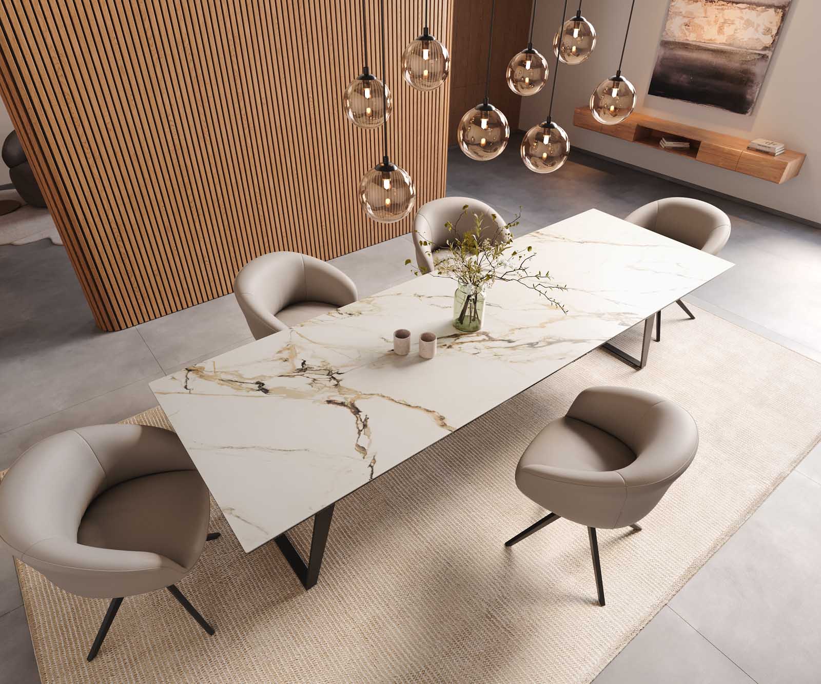 Eetkamertafel Edge 300x100 keramiek Calacatta Luxe wit-goud-grijs metaal schuin zwart 5