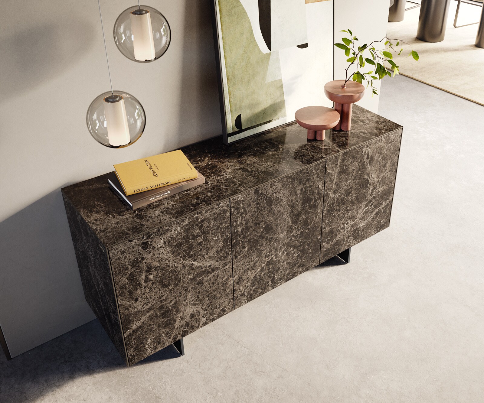 Dressoir Cuor 150 cm Keramiek Emperador Extra Lucidato Donkerbruin 3 Deuren Zwevende voet look Metaal Zwart 4