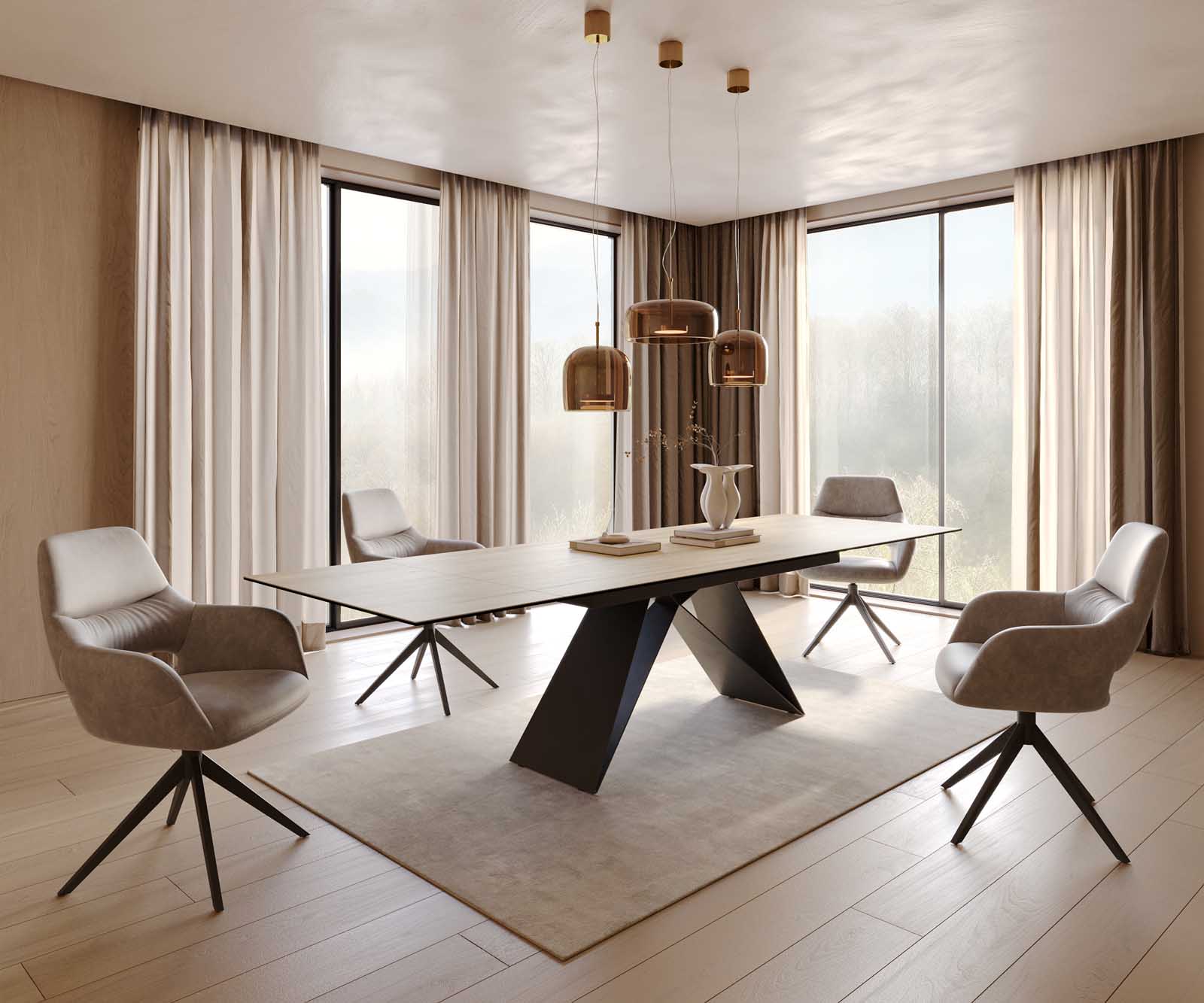 Eetkamertafel Edge 200-300x100 keramiek Laminam® Sabbia eiken kleur V-frame vlak staal zwart uitschuifbaar 8