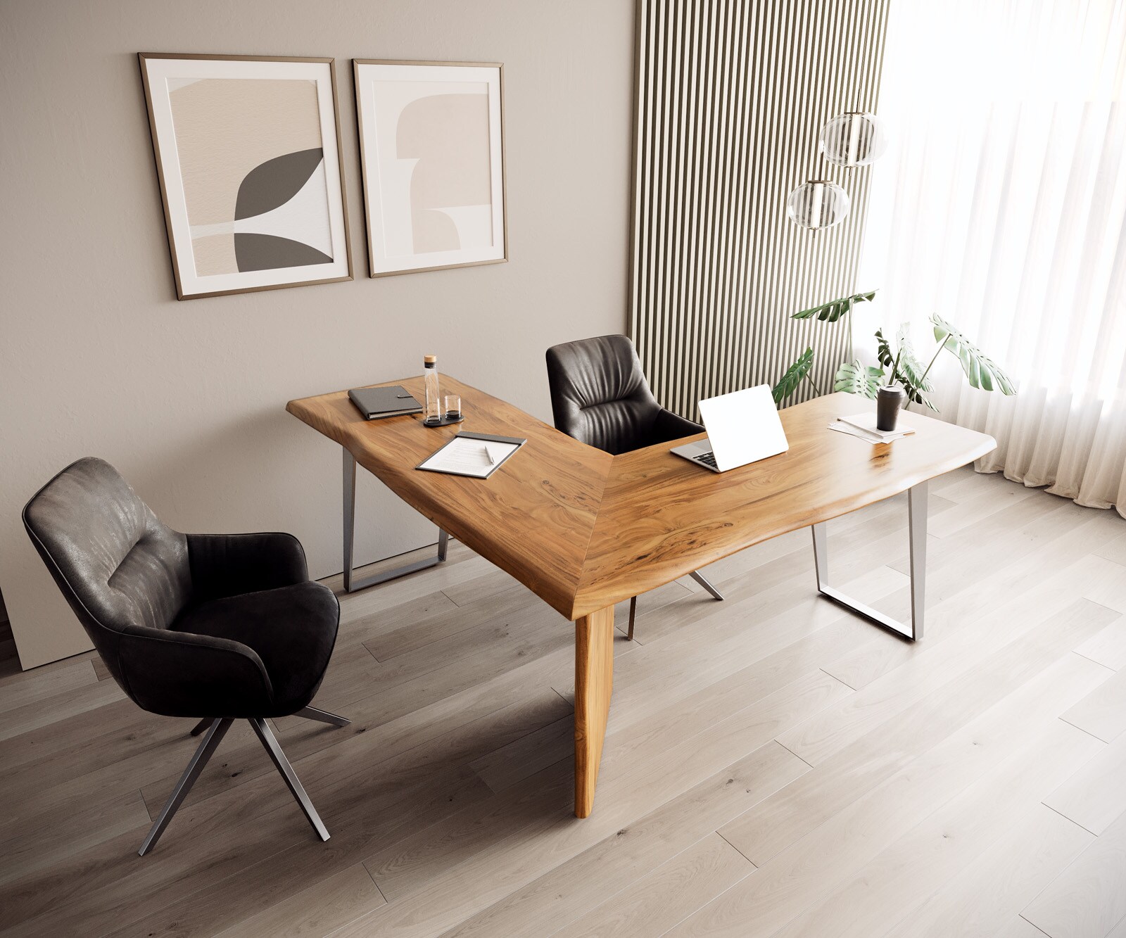 Bureautafel Live-Edge acacia natuur 180x180 frame zilver boomkant 6
