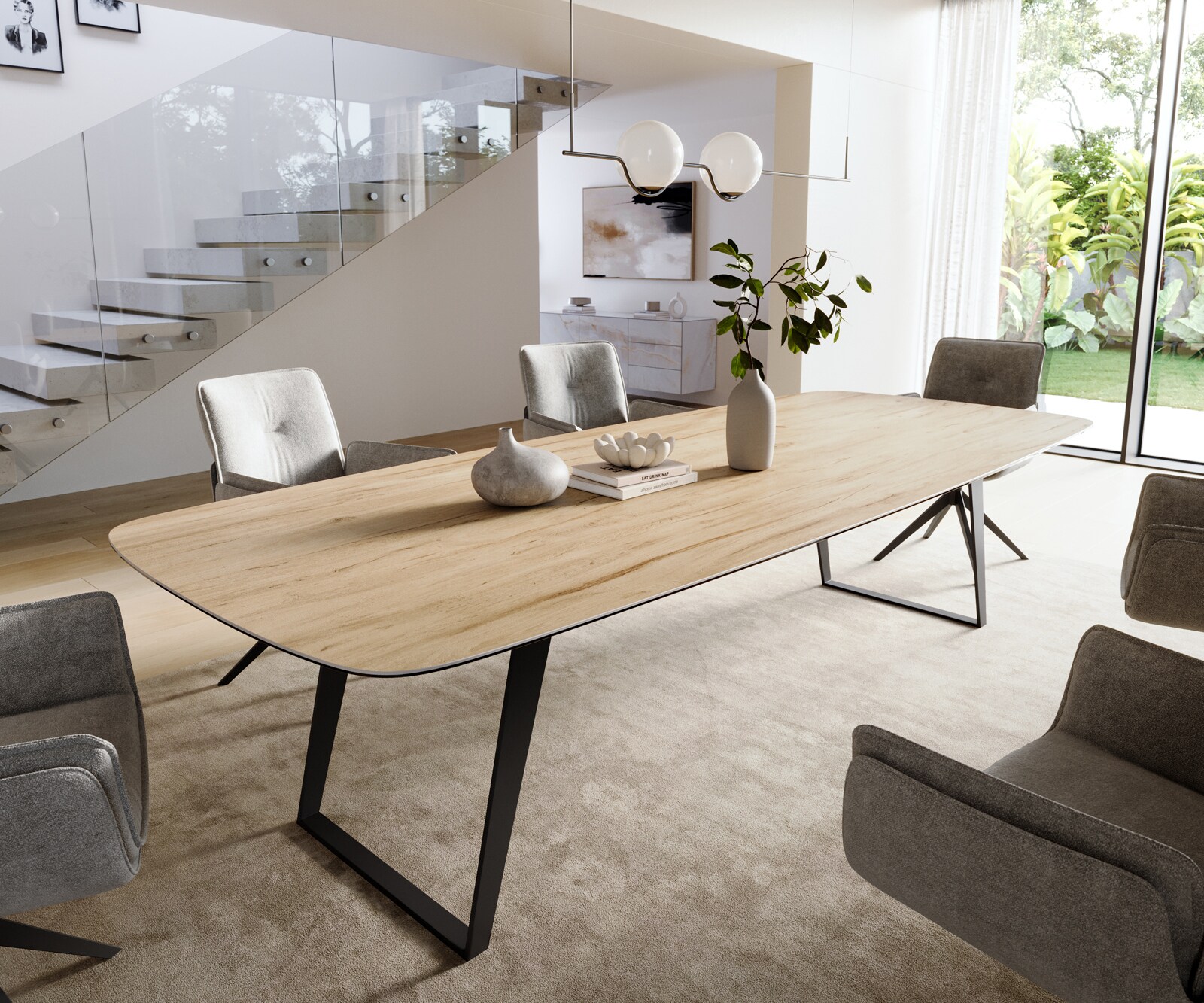 Eettafel Edge Boot 300x120 cm Keramiek Laminam® Sabbia Eichefarbig Metaal Schräg Zwart 1