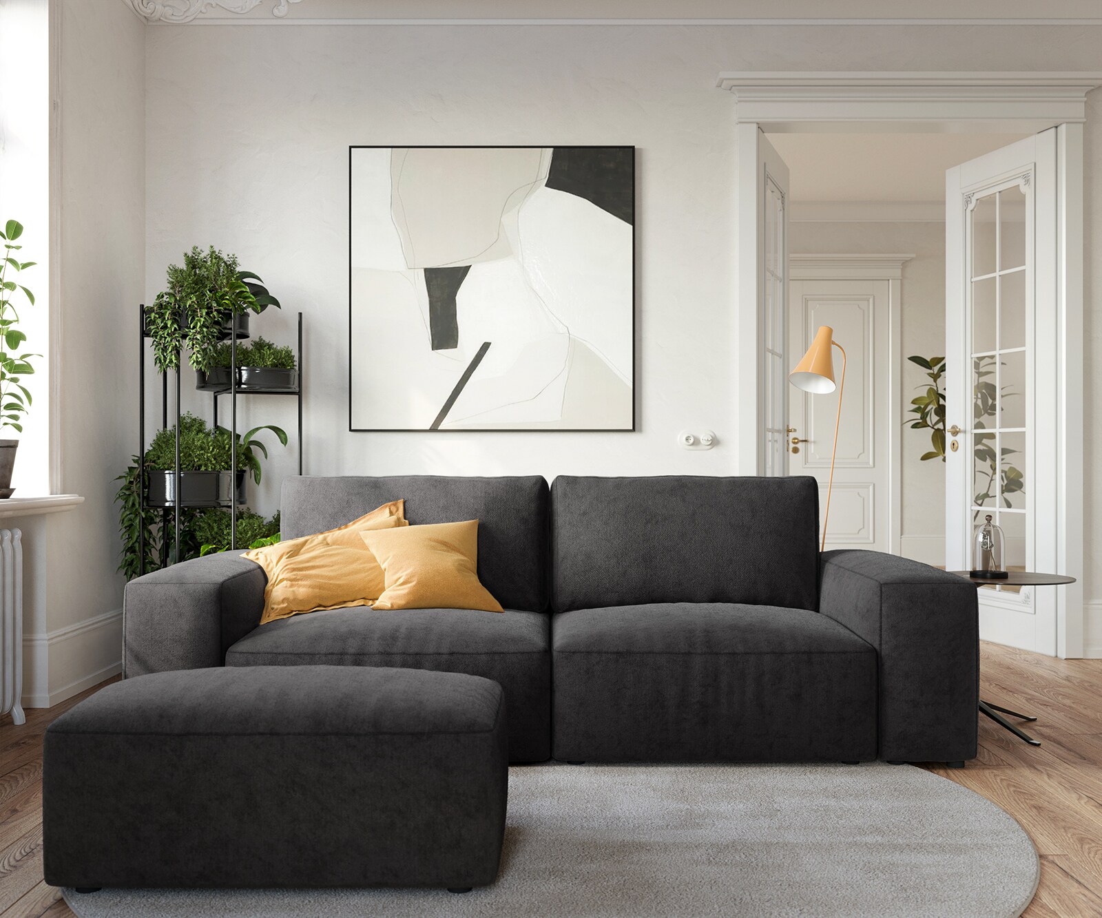 Big-sofa Lanzo 230x95 cm microvezel zwart met hocker 1