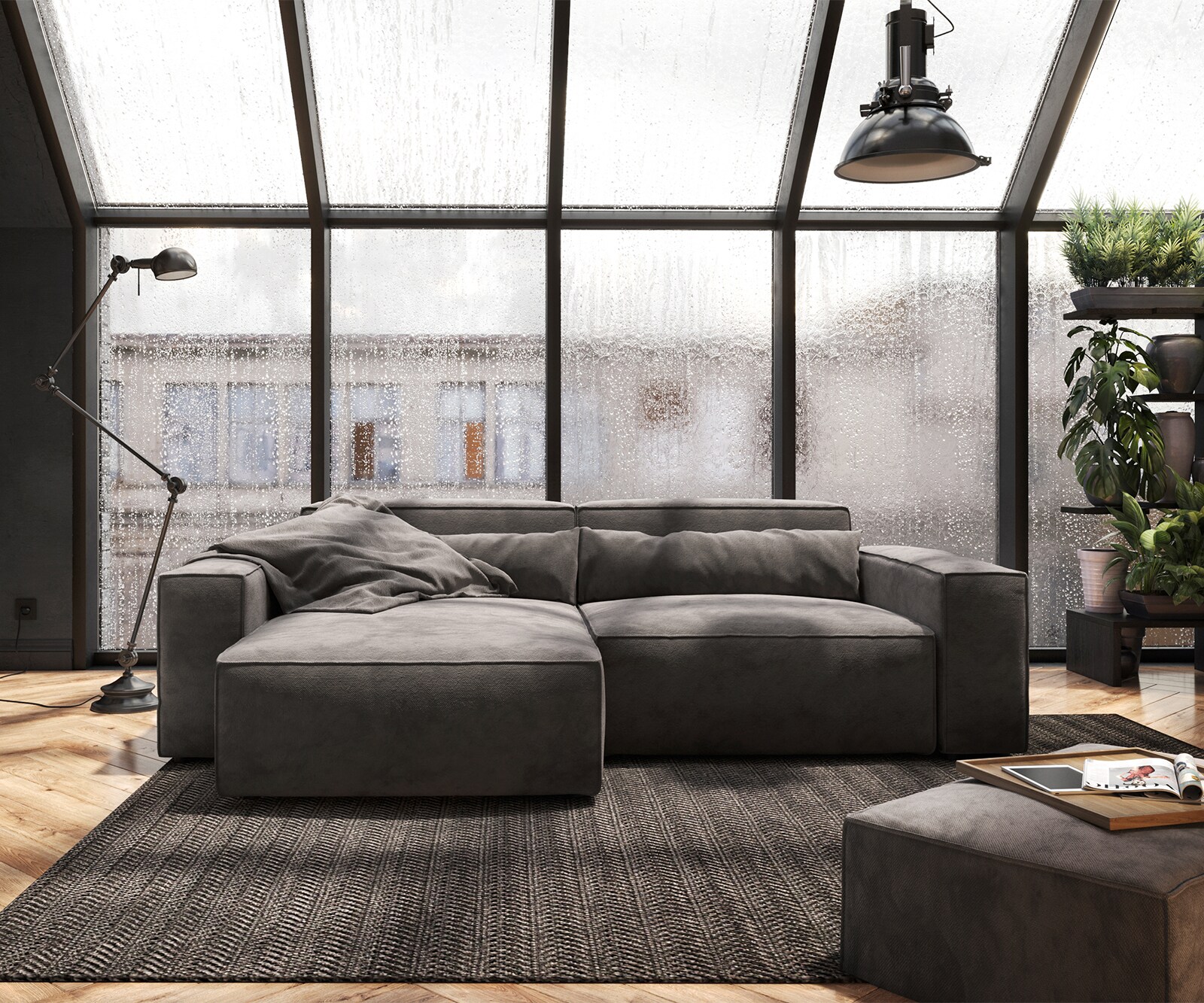 Hoekbank Sirpio 230x155 cm microvezel kaki bruin variabele rugleuning met kruk 1