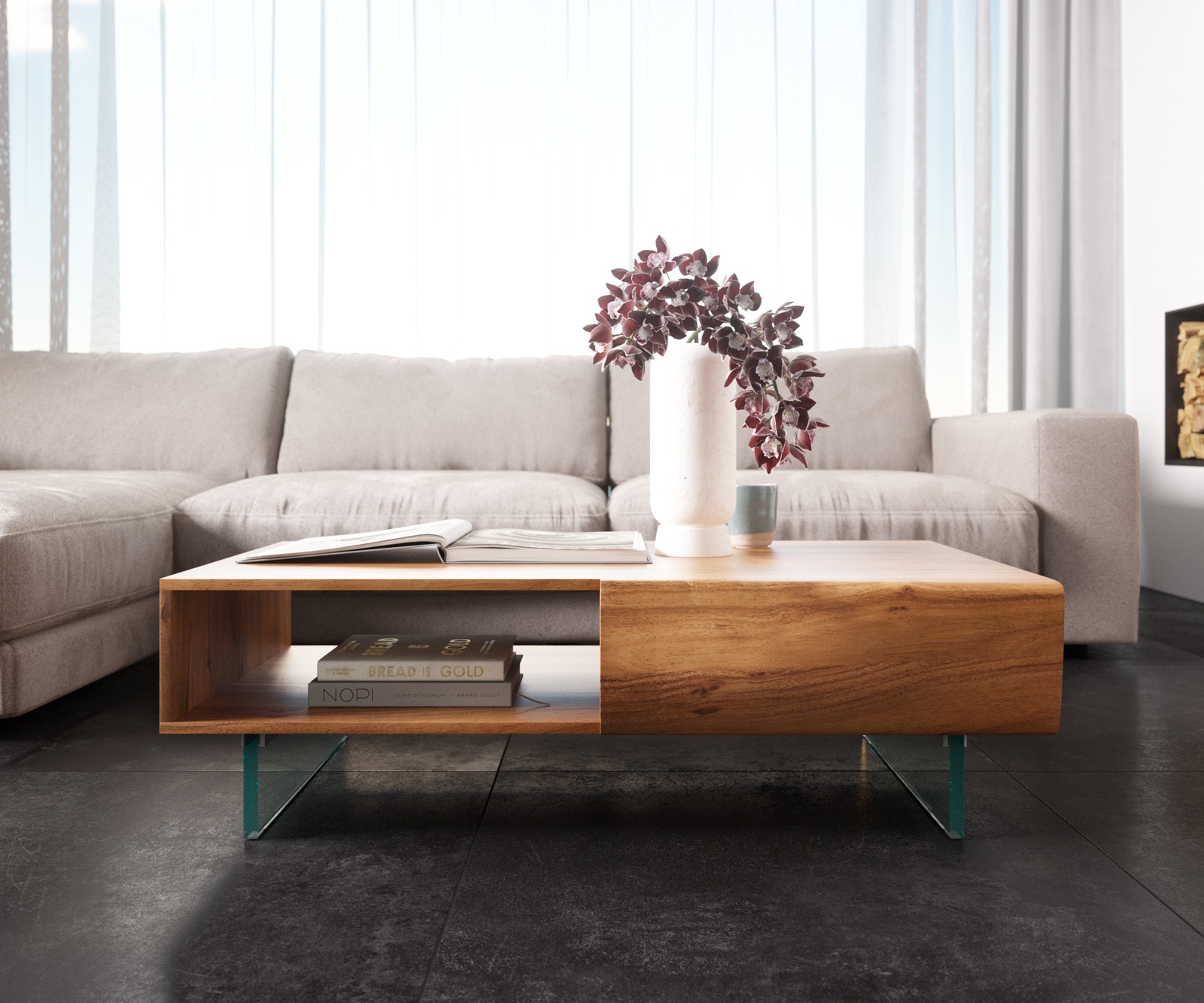 Salontafel New Live-Edge 115x60 cm acacia natuur 2 laden 1 legplank glaspoot zwevend 2