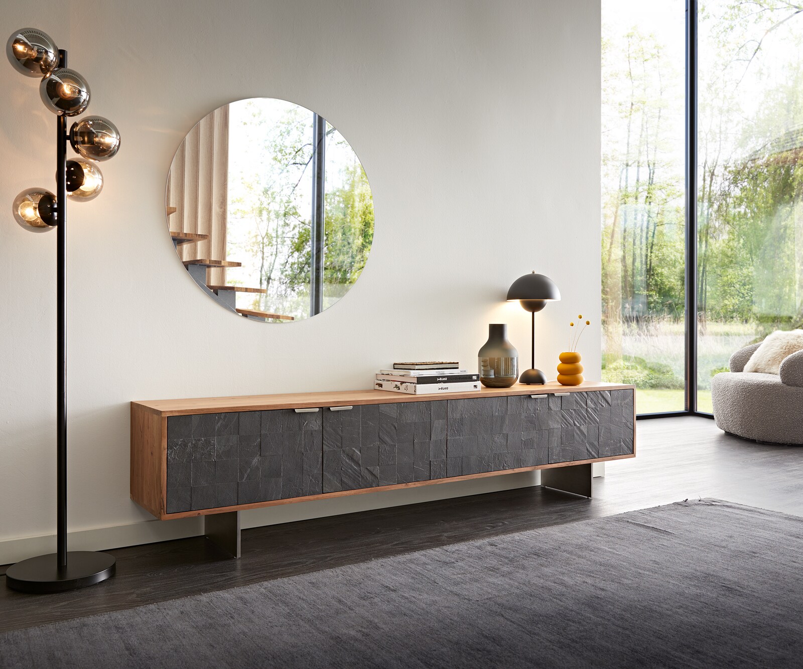 Tv-meubel Teele 200 cm acacia natuur leisteen 4 deuren poot zwevend roestvrij staal Tv-meubel Teele 200 cm acacia natuur leisteen 4 deuren poot zwevend roestvrij staal