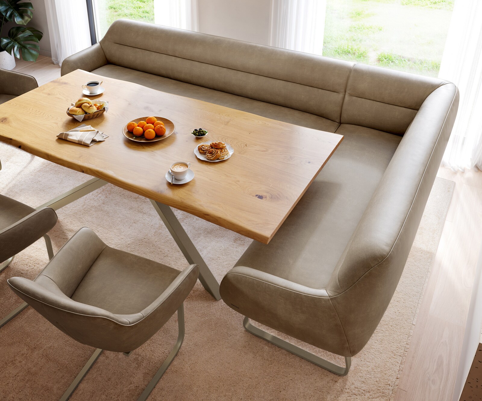 Eetkamerbank Taya-Flex 285x190 cm microvelours beige vintage platte sledebasis afwerking met titaniumeffect pocketvering rechts 4