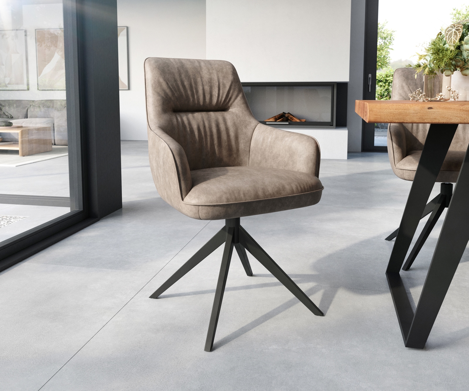Eetkamerstoel Zelia-Flex met armleuning microvelours taupe vintage kruisframe breed zwart pocketveer kern