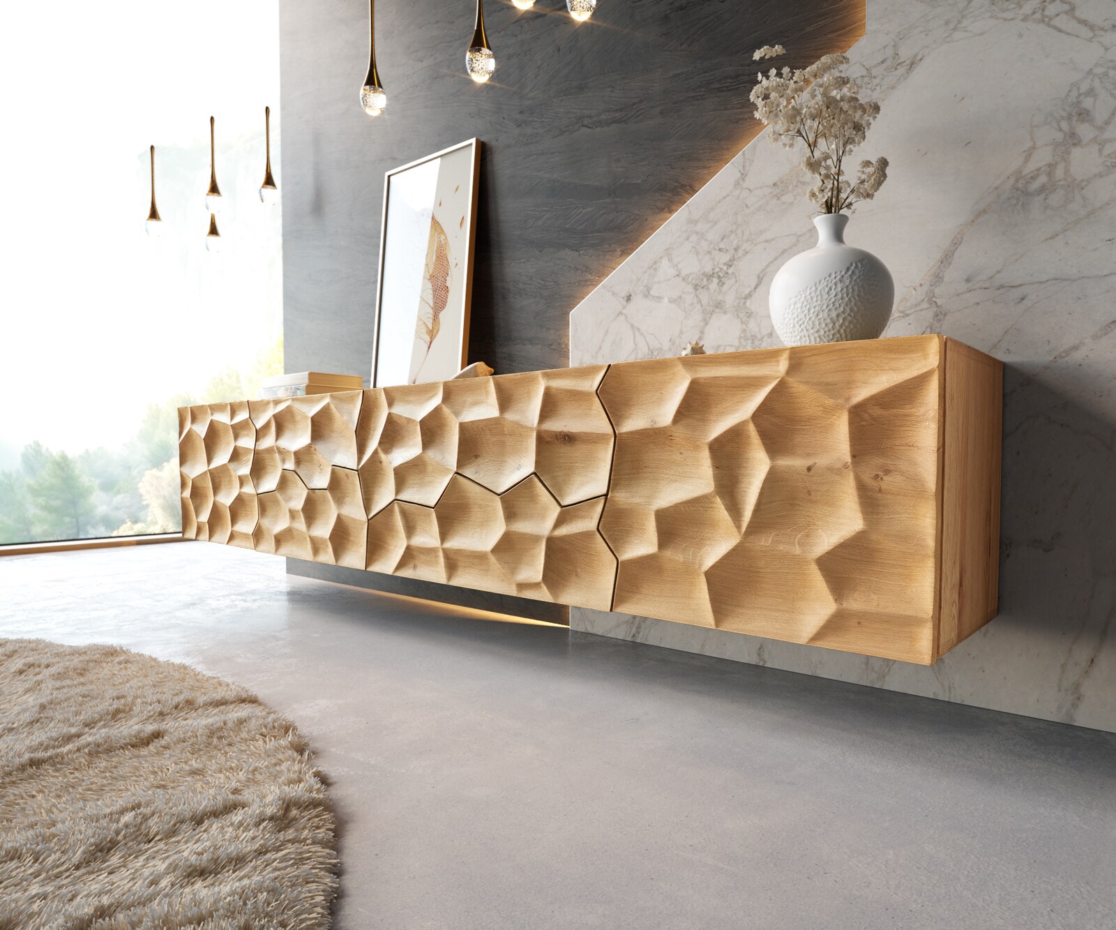 Tv-meubel Solu 220 cm natuur eiken 2 deuren 4  laden zwevend 3D front