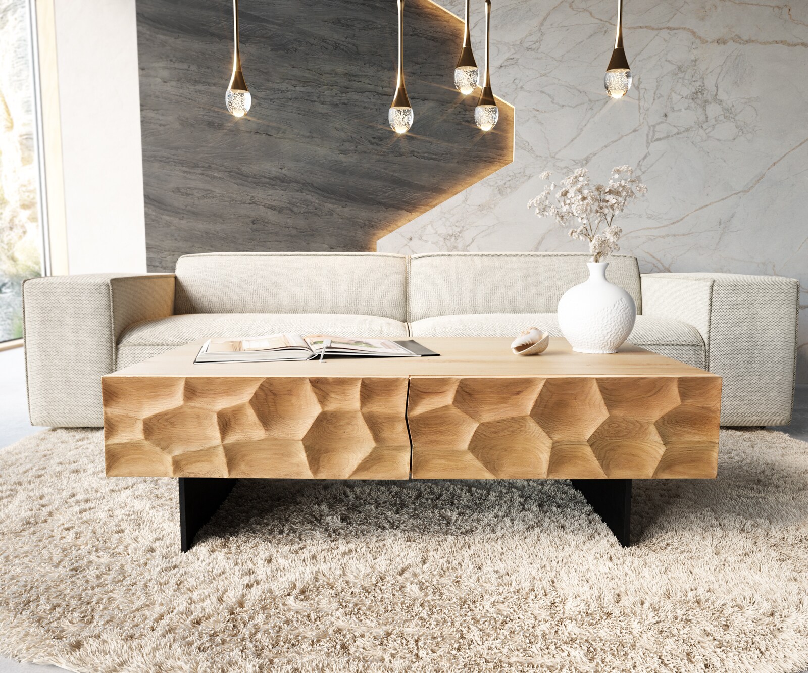 Salontafel Solu 120 cm natuur eiken 4 Lades poot zwevend metaal zwart 3D Front 1