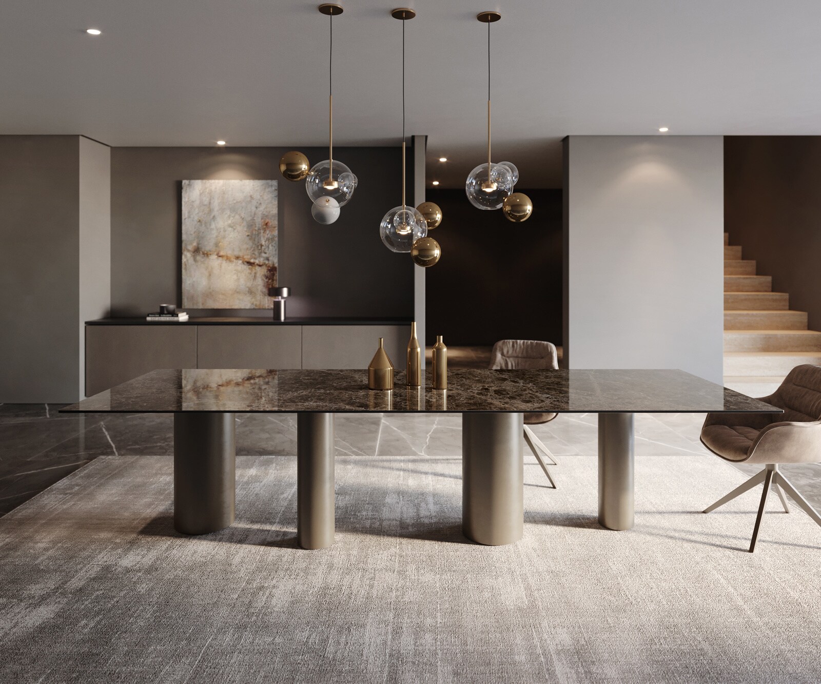 Eetkamertafel Edge 300x100 Laminam® Emperador Extra Lucidato donkerbruin Pilier metaal effectafwerking titaan 1