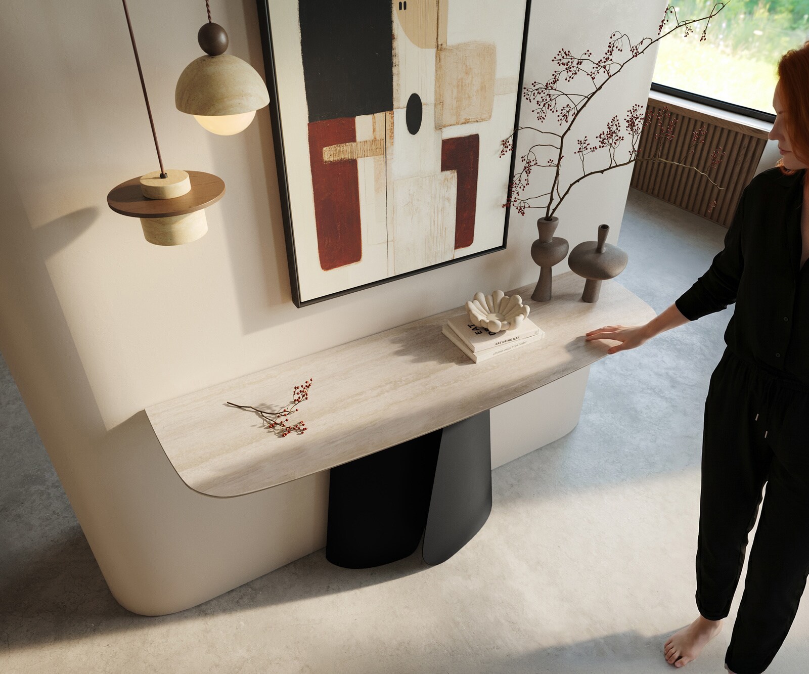 Consoletafel Edge Bootvorm 140x40 cm Keramiek Laminam® Travertino Bianco Creme-Weiß Livos Metaal Zwart 2