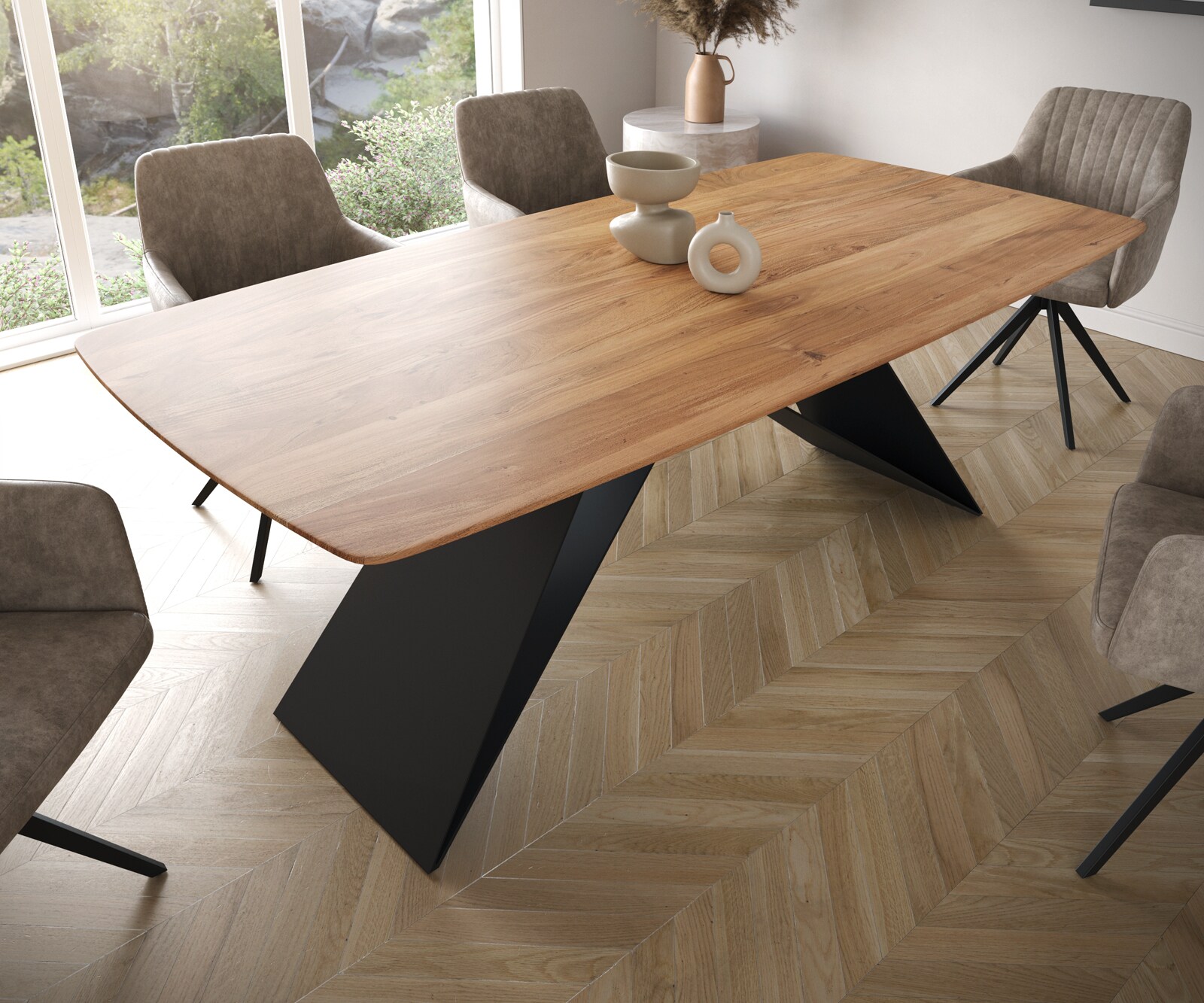 Eettafel Edge Boot 200x100 acacia natuur V-frame staal  zwart  Schweizer Kante 3