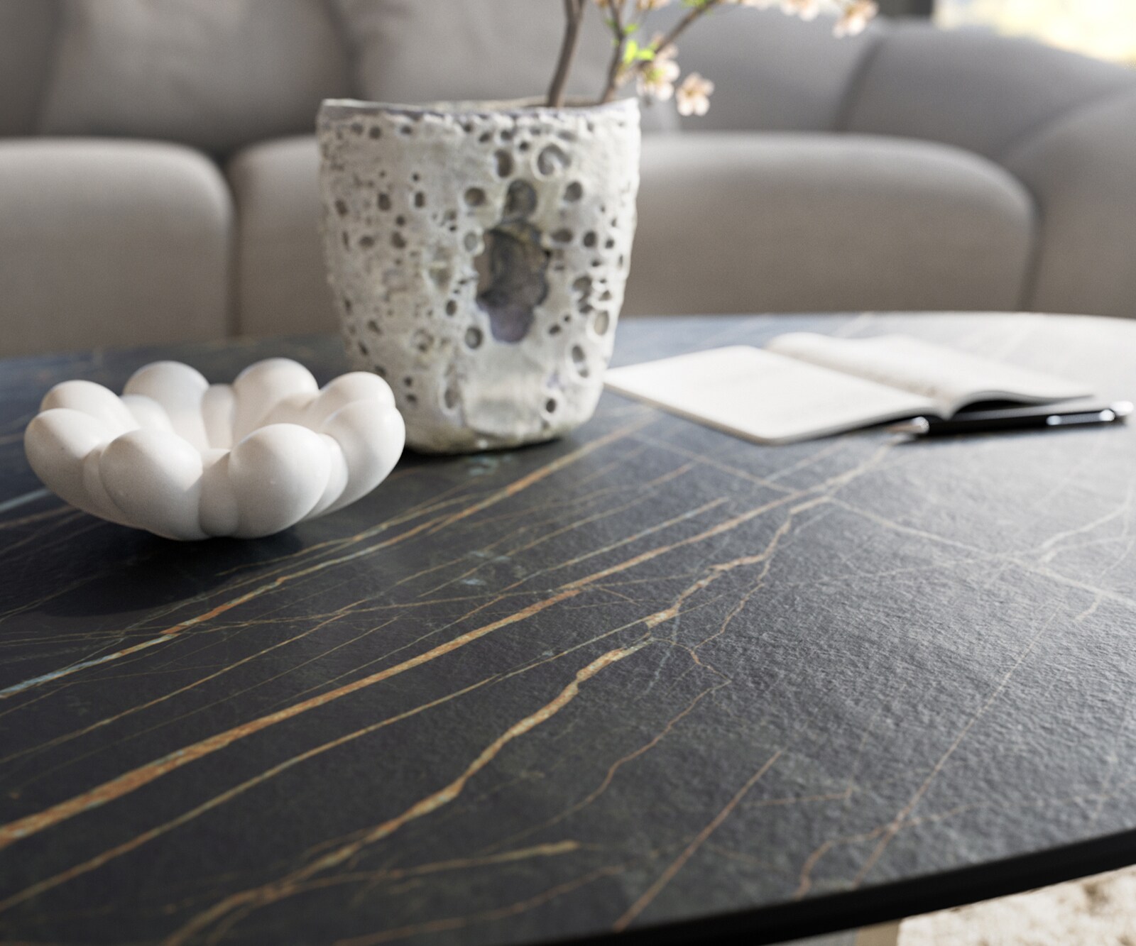 Salontafel Edge Organisch 140x76 cm keramiek Laminam® Noir Desir bruin Conis zwart metaal 7