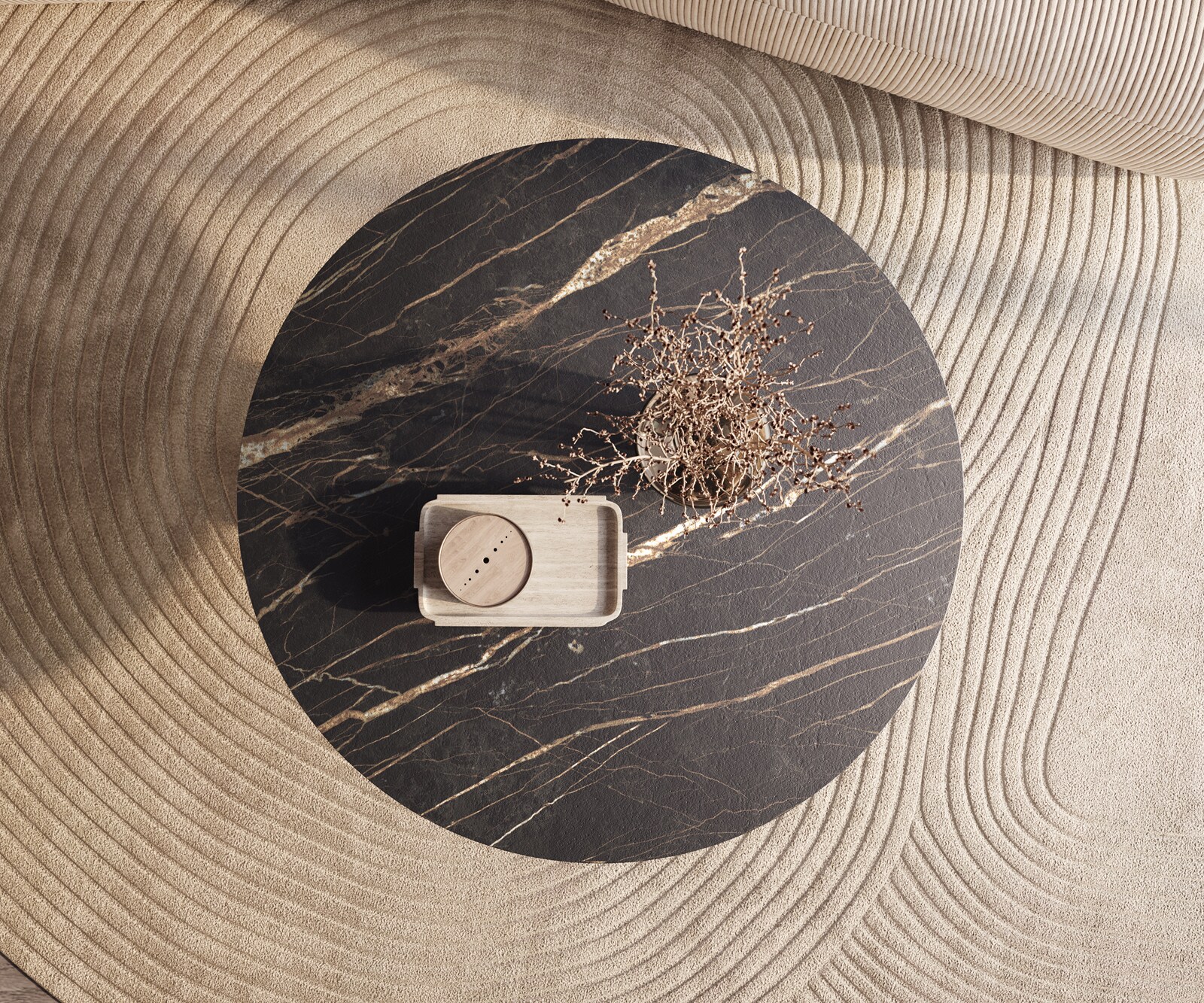 Salontafel Edge rond 100x100 cm keramiek Laminam® Noir Desir bruin Conis metallic zilver 2