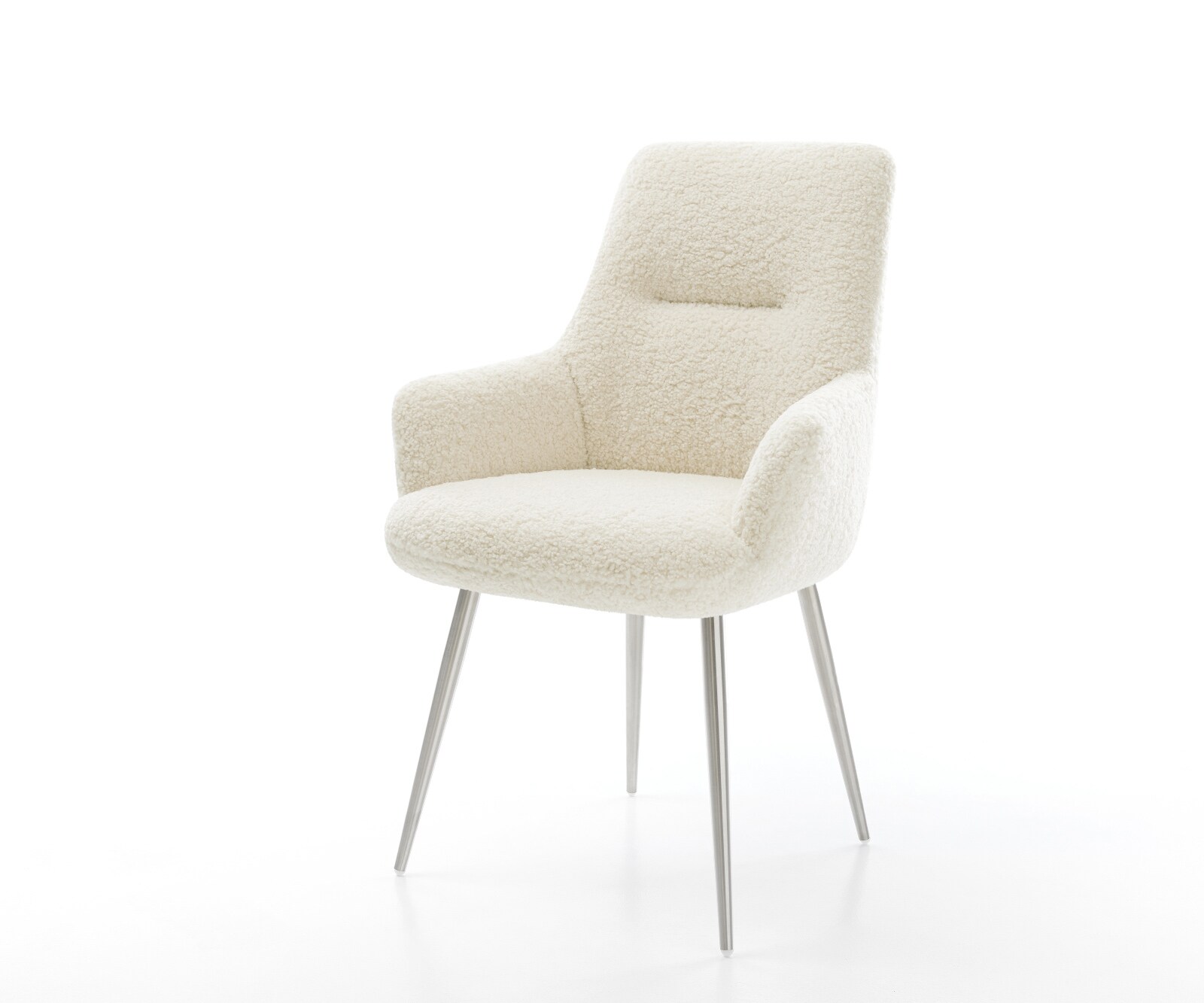 Eetkamerstoel Zelia-Flex met armleuning teddy beige 4-poot conisch roestvrij staal pocketveer kern