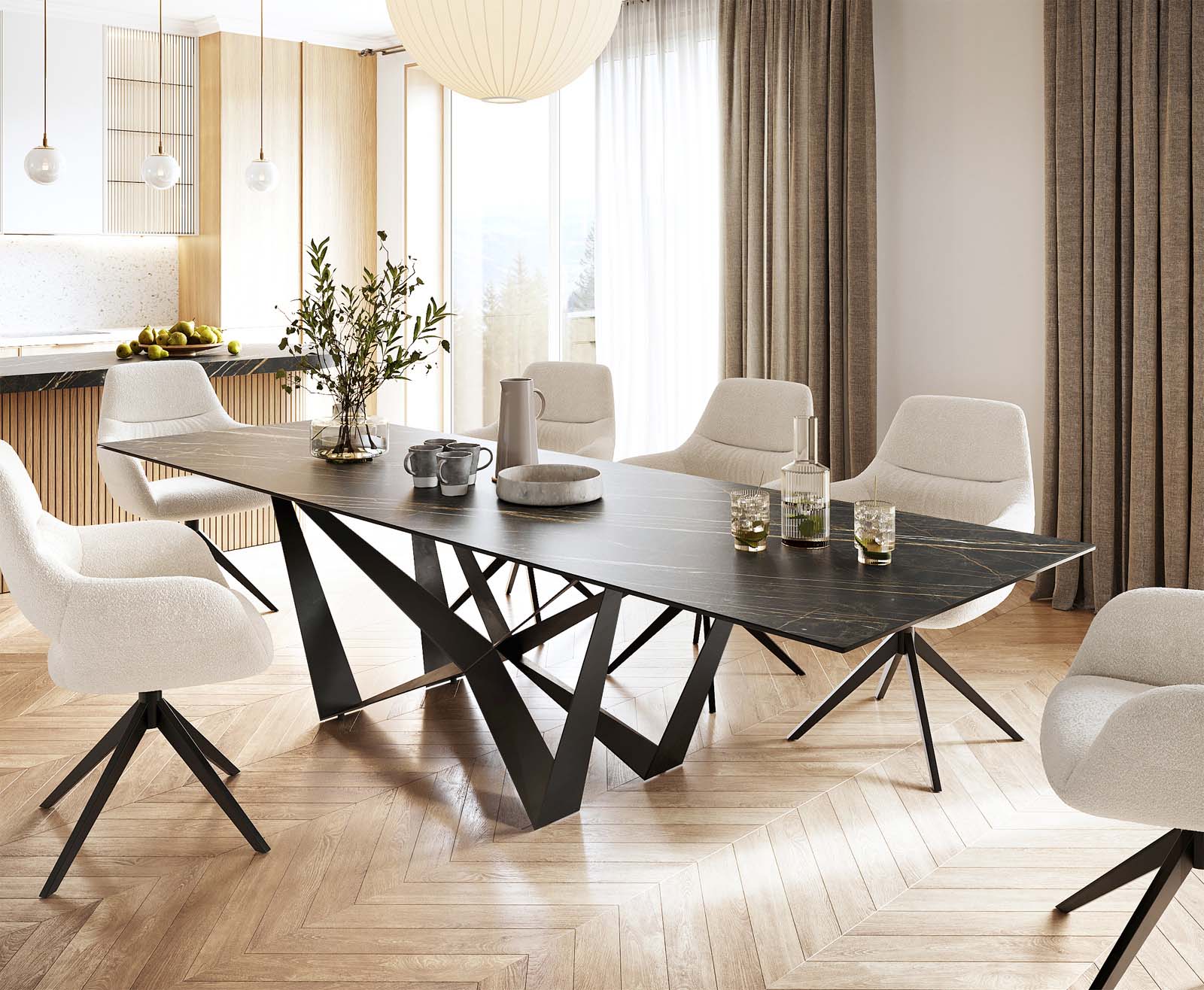 Eettafel Edge 300x100cm Laminam® keramiek bruin middenpoot vlak staal zwart